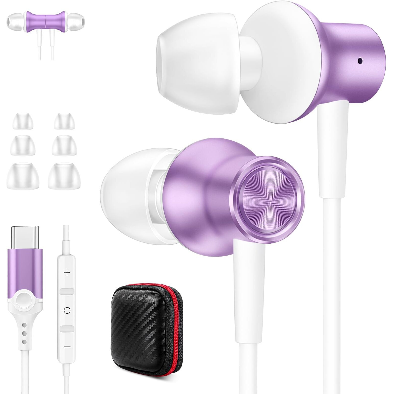 Jiunai Usb C Headphone For Samsung S24  Type C Wired Earbuds With Mic In Ear Magnetic Noise Isolation Stereo Remote Control Audio Corded Earphones For Samsung Galaxy S24 Ultra S24+ Plus S23 Fe Purple