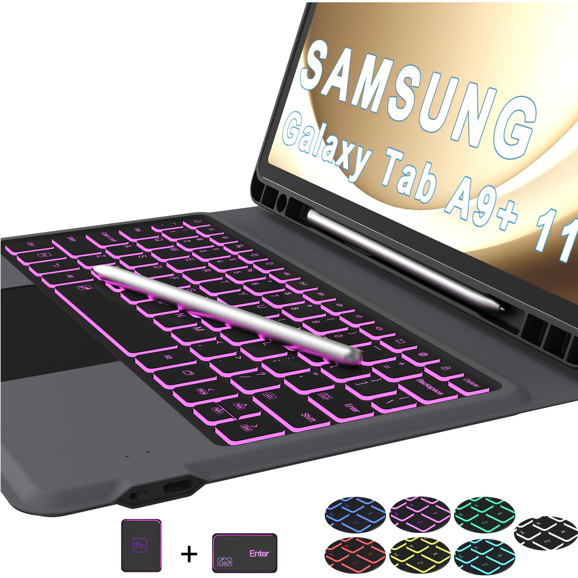 Keyboard Case For Samsung Galaxy Tab A9+ A9 Plus 11"" 7 Colors Backlit Trackpad Keyboard For 11 Inch Samsung Tab A9+ | Smart Touch Wireless Keyboard Folio Book Cover Tab A9 Plus (Sm-X210/X216/X218)