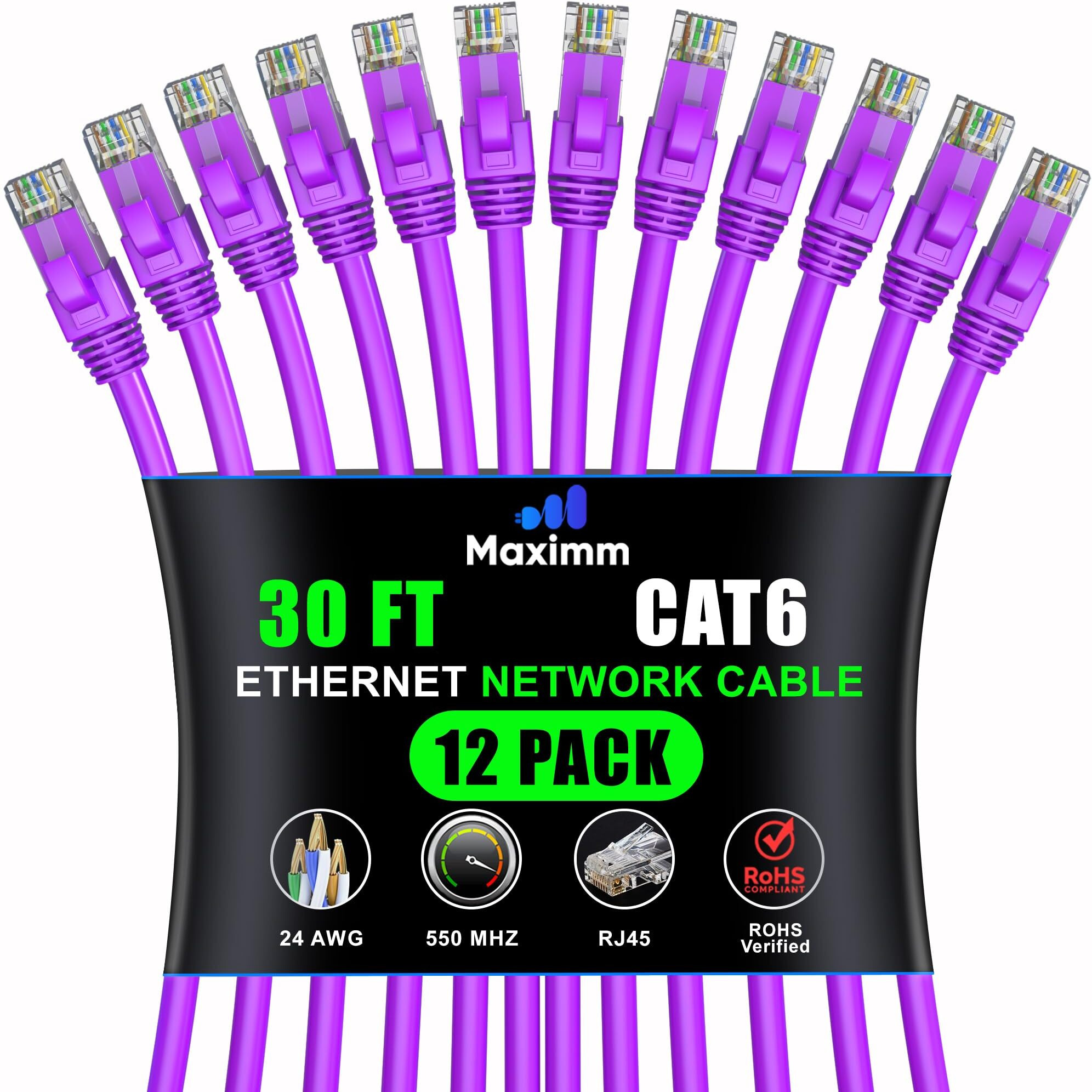 Maximm Cat 6 Ethernet Cable 30 Ft (12-Pack) - High-Speed Lan Cable  Internet Cable  Patch Cable  And Network Cable - Utp  10Gbps  550Mhz Ethernet Cord - Purple