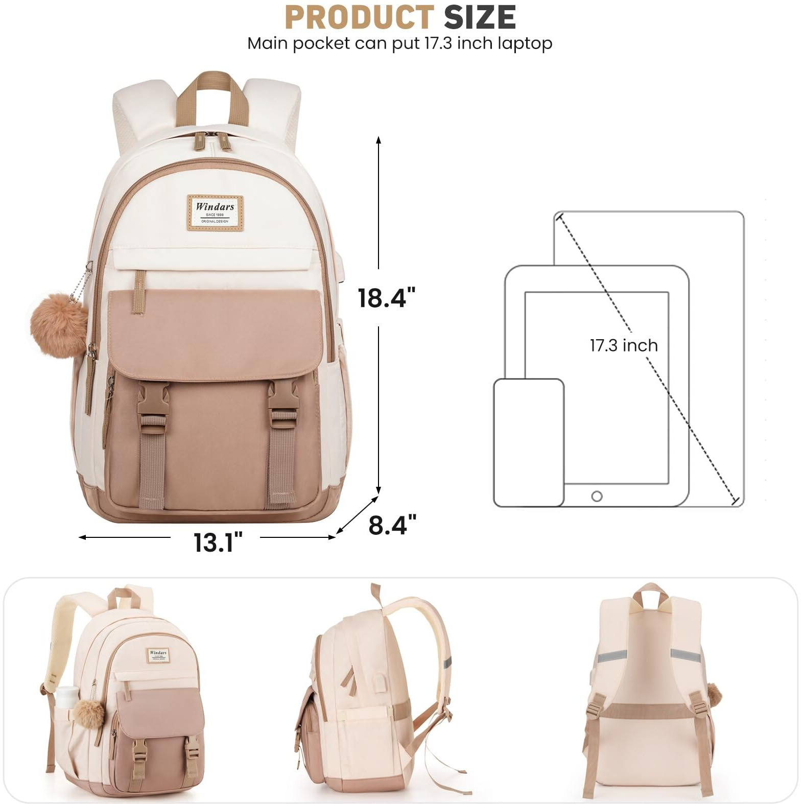 Windars School Backpack For Teen Girls  Cute College Backpacks For Women Students Aesthetic Bookbag Large 17.3 Inch Laptop Bag Middle School Travel Back Pack (Khaki Beige)