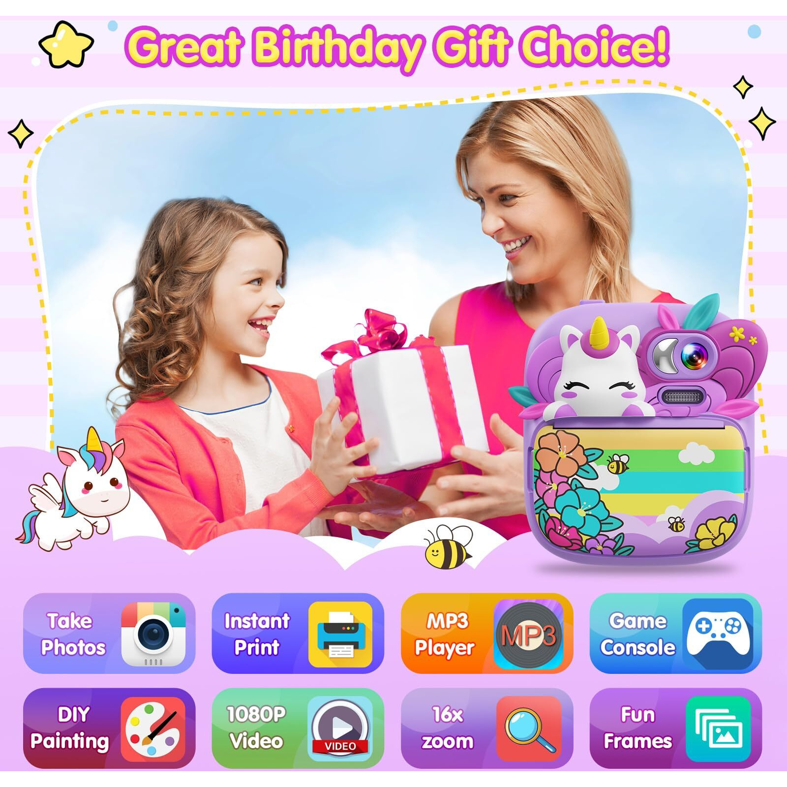 Kids Camera Instant Print  Camera For Kids With Printable Photos  Toddler Camera Toys For Children Ages 3-14  Digital Camera For Girls 4 5 6 7 8 9 10 11 12 13 Years Old - Purple