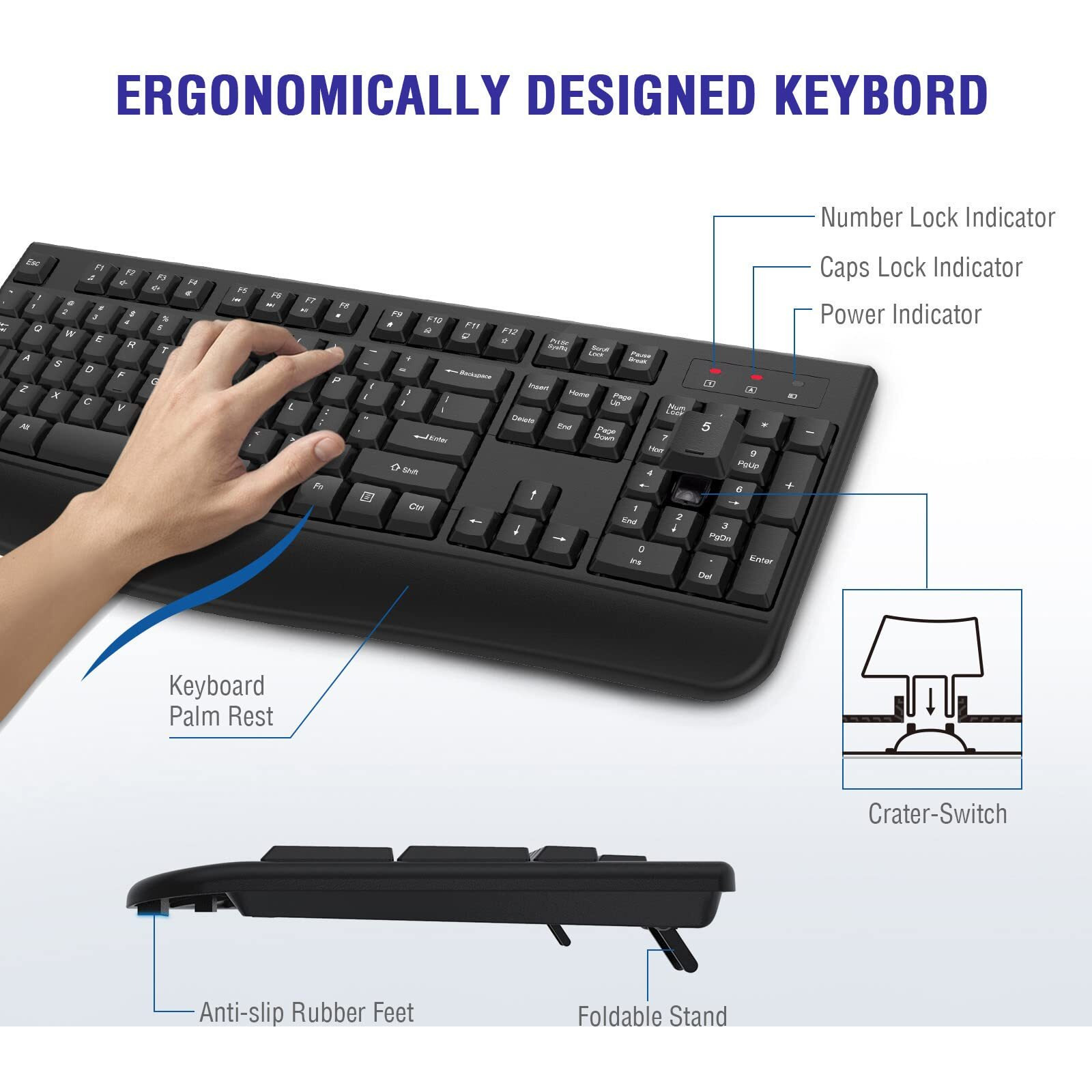 Quasio Wireless Keyboard  2.4G Full-Sized Ergonomic Wireless Computer Keyboard With Wrist Rest For Windows  Mac Os Laptop/Pc/Desktop/Notebook(Black)