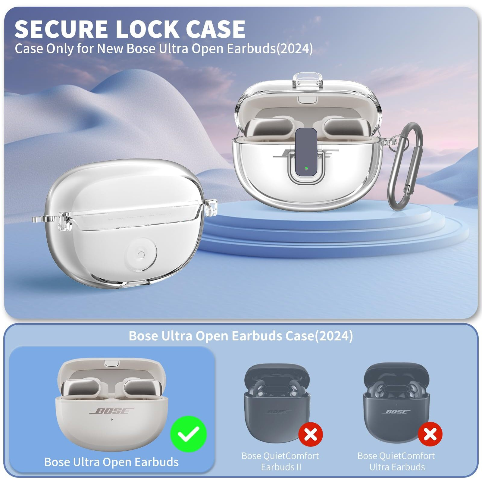 [Secure Lock] For Bose Ultra Open Earbuds Case(2024)  Tudiow Clear Tpu Shockproof Protective Cover For Bose Open Ear Wireless Earbuds Accessories With Cleaning Kit& Keychain (Clear)