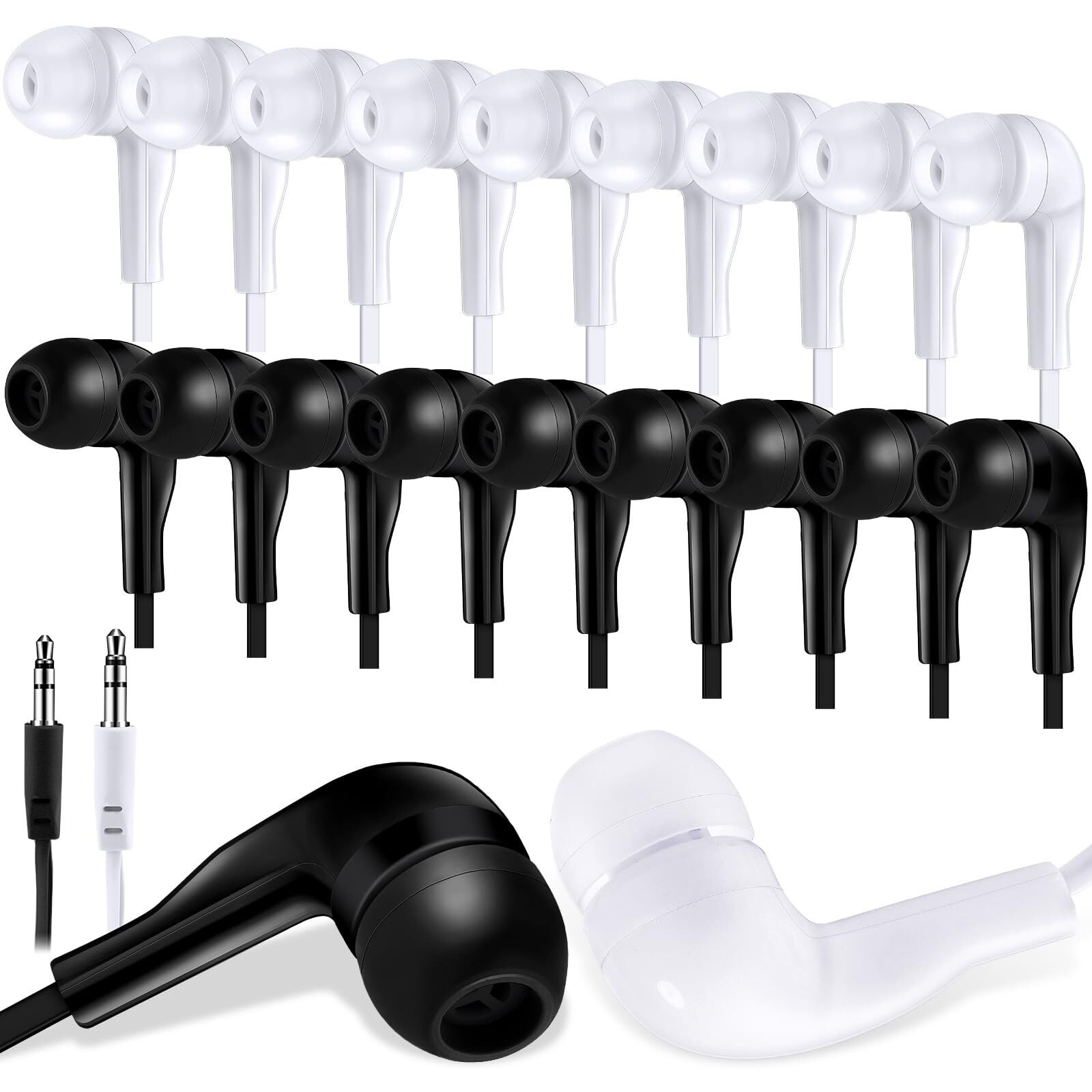 Kanayu 100 Pack Bulk Earbuds For Kids Students Children Classroom Ear Buds Class Set Headphones Multipack School Earphones Individually Bagged (Black And White)