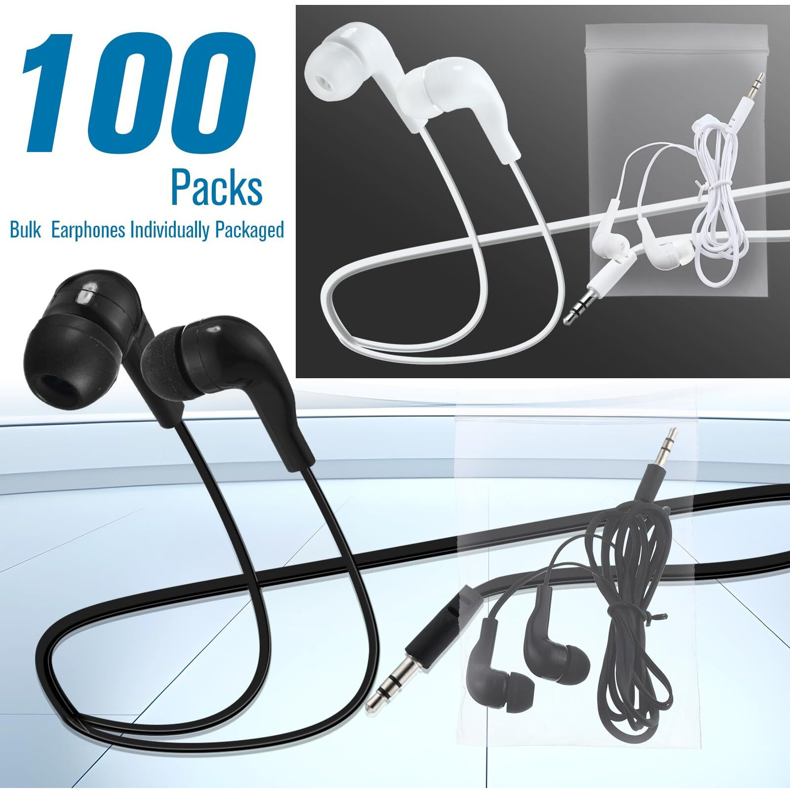 Kanayu 100 Pack Bulk Earbuds For Kids Students Children Classroom Ear Buds Class Set Headphones Multipack School Earphones Individually Bagged (Black And White)