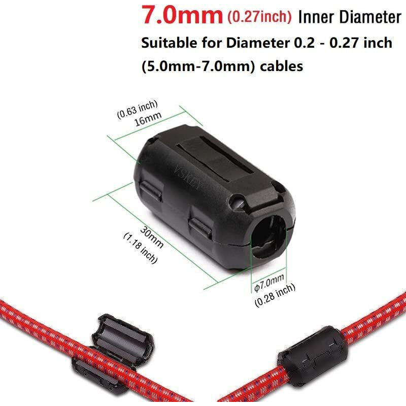 Clip-On Noise Filter Vskey [10Pcs 7.0Mm] Anti-Interference High-Frequency Ferrite Core Choke Clip For Speakers Video Radio Amplifier Home Audio Device Noise Suppressor (0.275 Inch Inner Diameter)