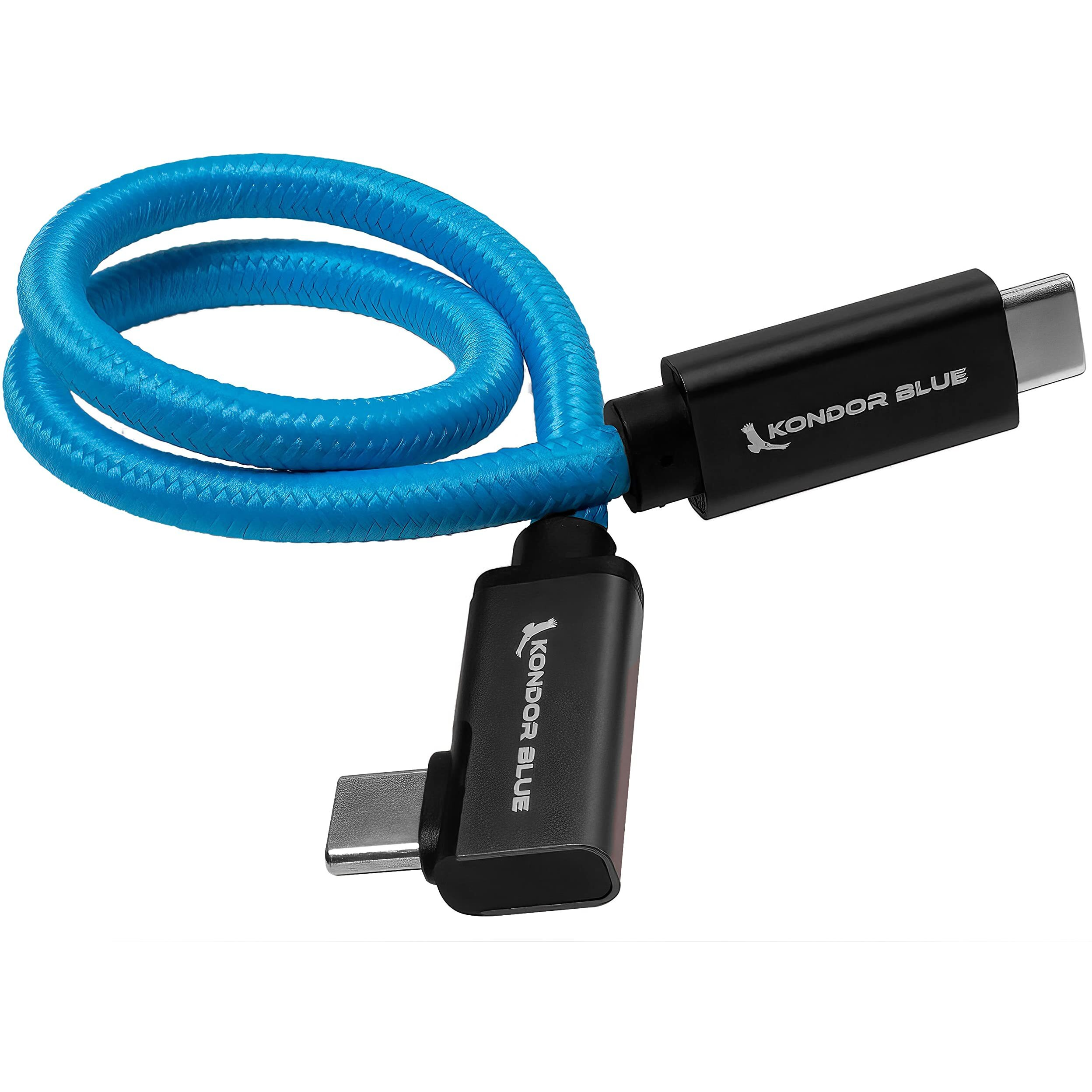 Kondor Blue 12"" Straight Usb C 3.1 Gen 2 10 Gb/S 100W | Right Angle Braided Cable For 8K Data And Power Delivery