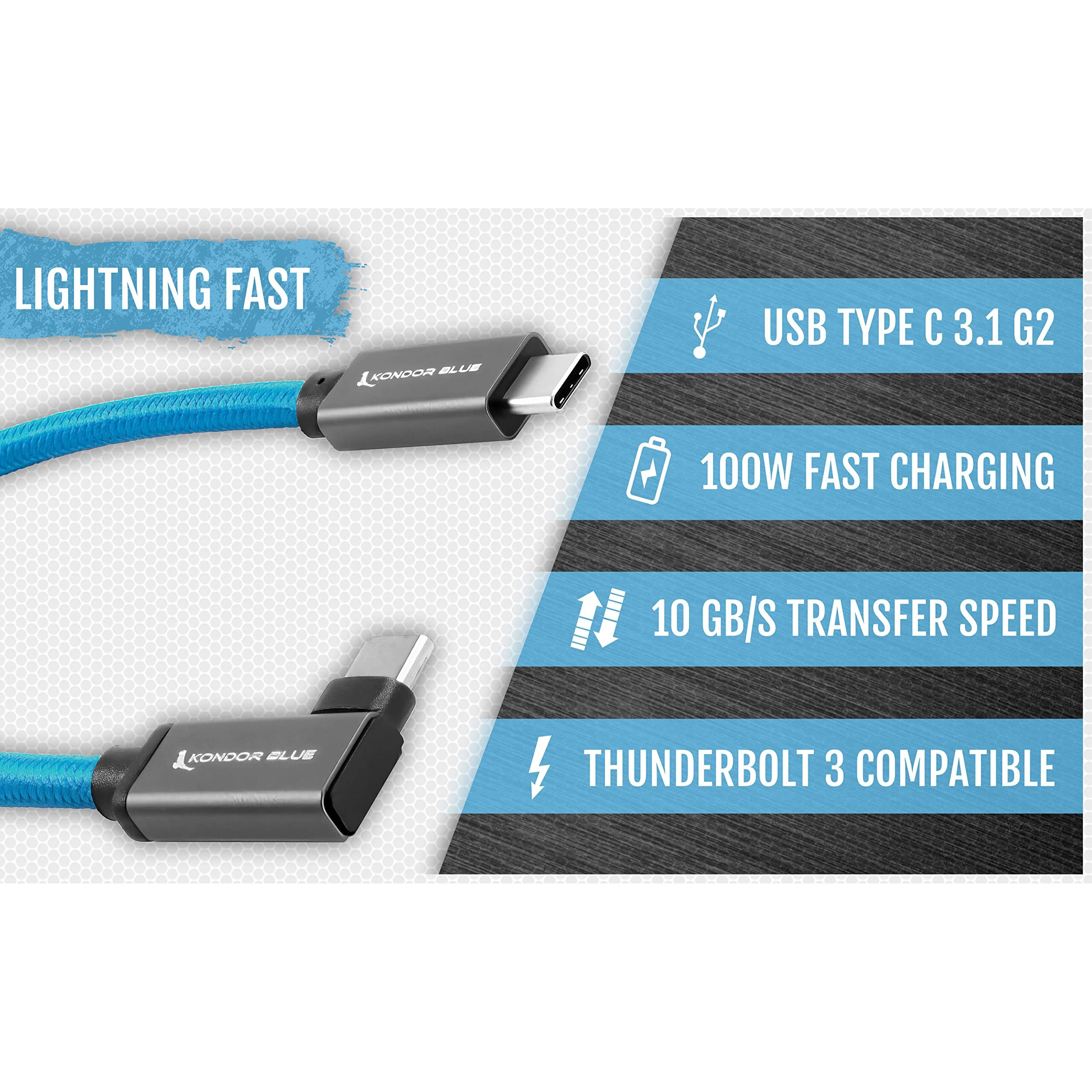 Kondor Blue 12"" Straight Usb C 3.1 Gen 2 10 Gb/S 100W | Right Angle Braided Cable For 8K Data And Power Delivery