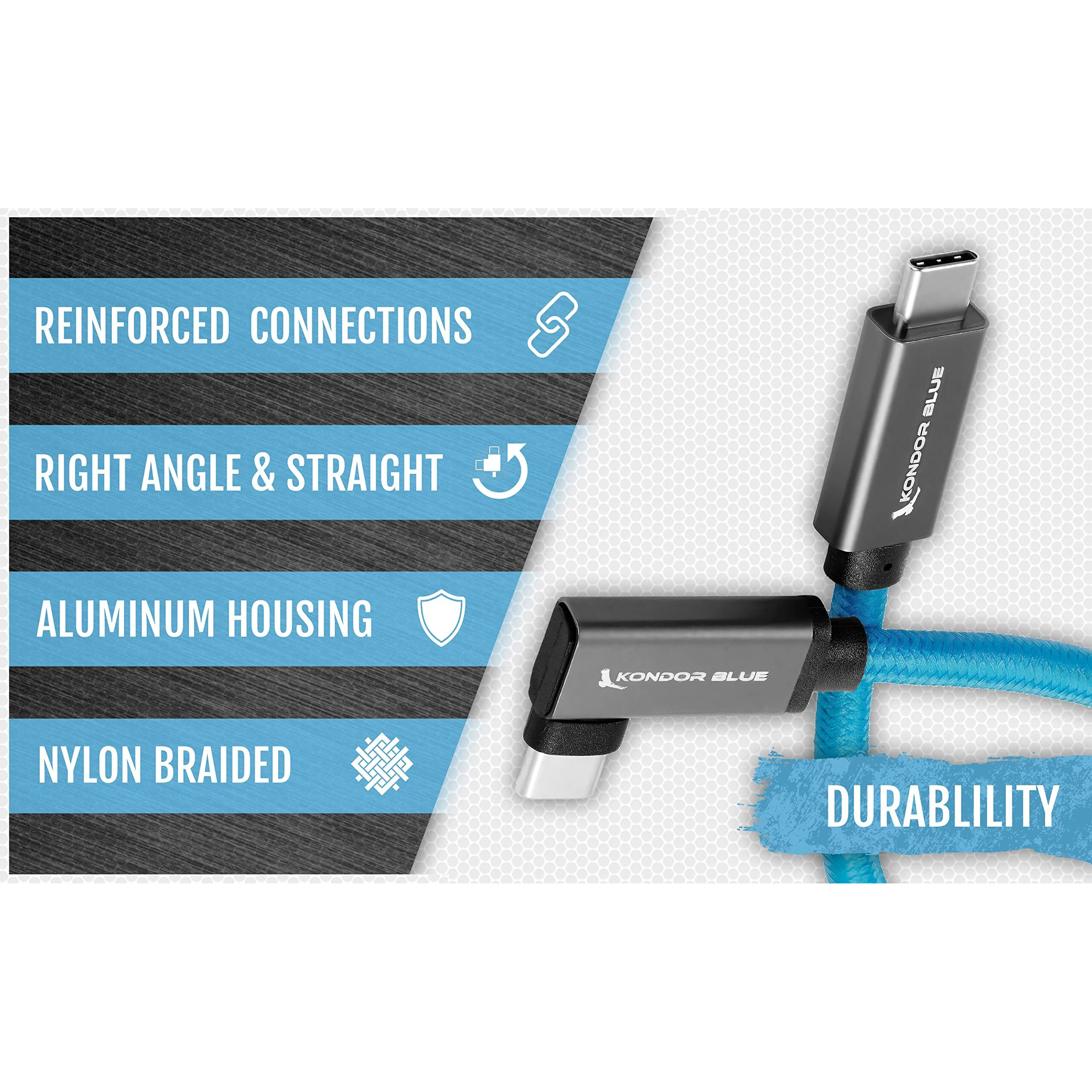 Kondor Blue 12"" Straight Usb C 3.1 Gen 2 10 Gb/S 100W | Right Angle Braided Cable For 8K Data And Power Delivery