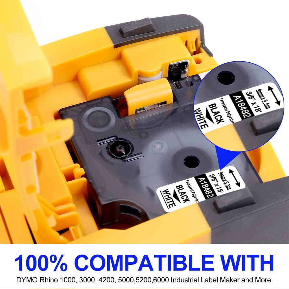 Replacement For Dymo Rhino Permanent Polyester Label Tape 18482 3/8 Compatible With Dymo Rhino 5200 4200 5000 6000 3000 Industrial Label Makers  9Mm Black On White 3/8"" X 18'  4-Pack