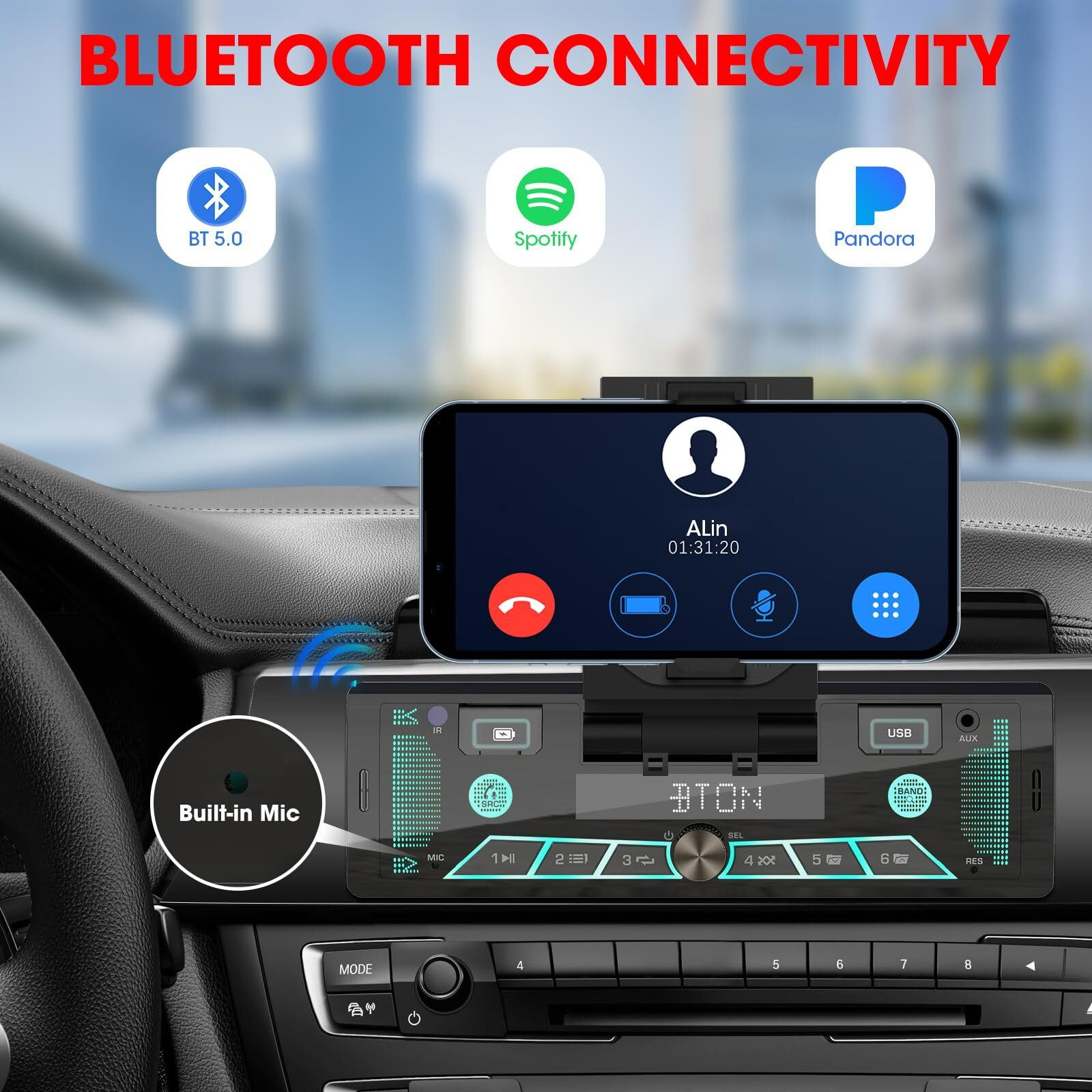Single-Din Stereo With Car Phone Holder - Bluetooth Car Radio - Push To Talk Assistant Multi Color Lcd Am Fm Tuner Aux Usb Built-In Mic Wireless Remote Control