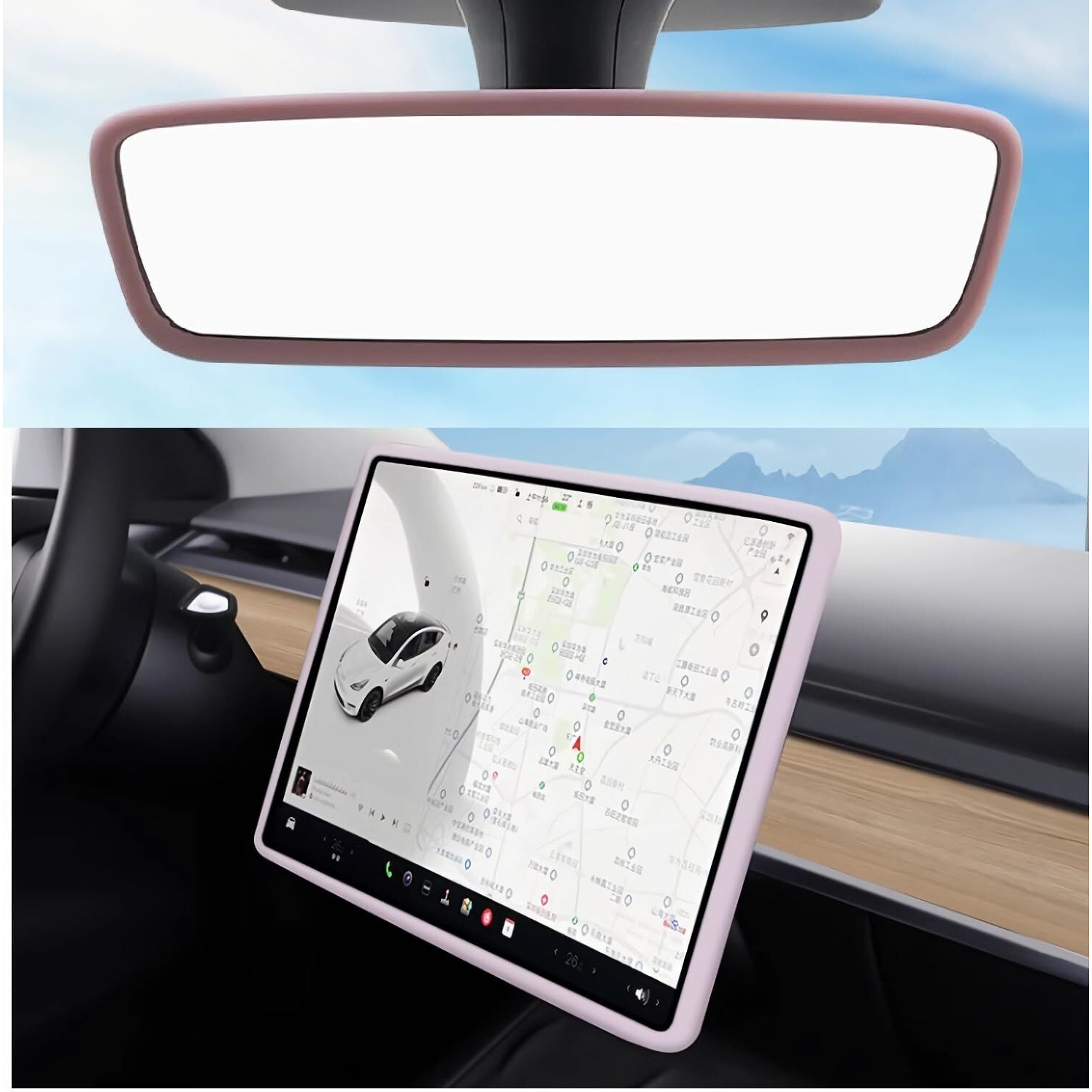 Screen Protector Silicon Frame + Rear View Mirror Cover For Tesla Model 3 (2017-2023) Model Y  15"" Center Control Touchscreen Gooyogoo Knee Protection/Anti-Bump/Durable Accessories For Tesla (Pink