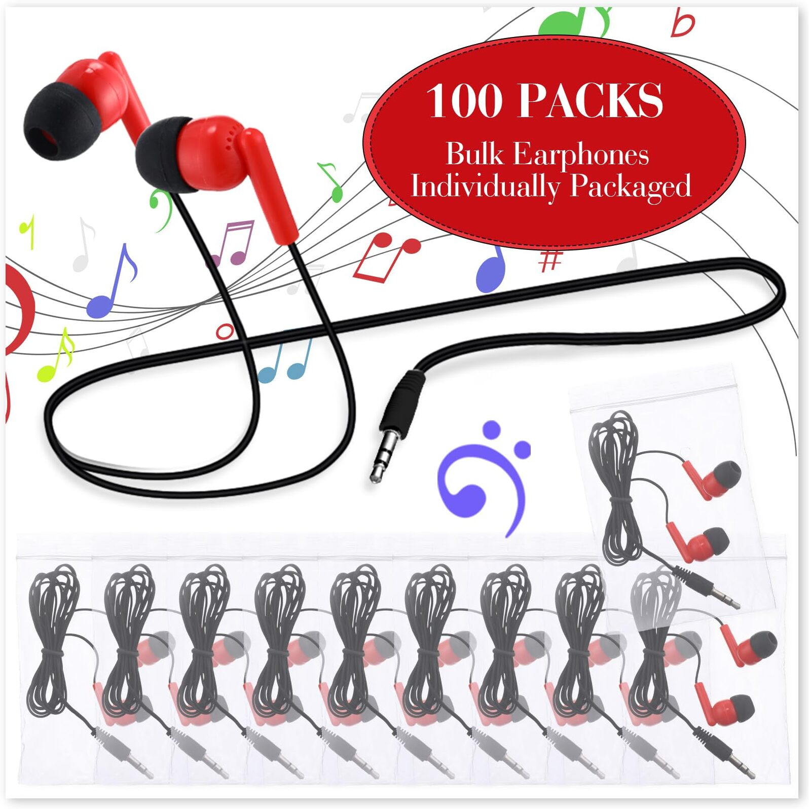 Kanayu 100 Pack Wired Earbuds Bulk Earbuds For Classroom Ear Headphones Wired Basic Student Earbuds No Microphone With 3.5 Mm Jack For Kids Schools Libraries Laptop  Individually Bagged (Red)