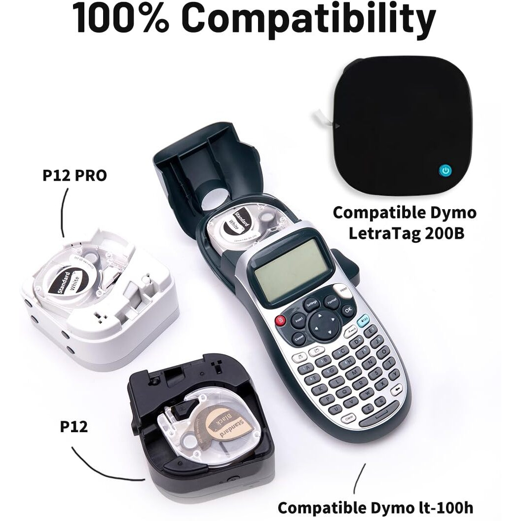 Phomemo P12 Plastic Label Tape  Label Maker Refill Compatible With Dymo Letratag 200B Lt-100H Lt-100H Plus & Phomemo P12 Label Maker  Replacemant For Dymo Label Maker Refills  12Mm X 4M 1/2 X 13