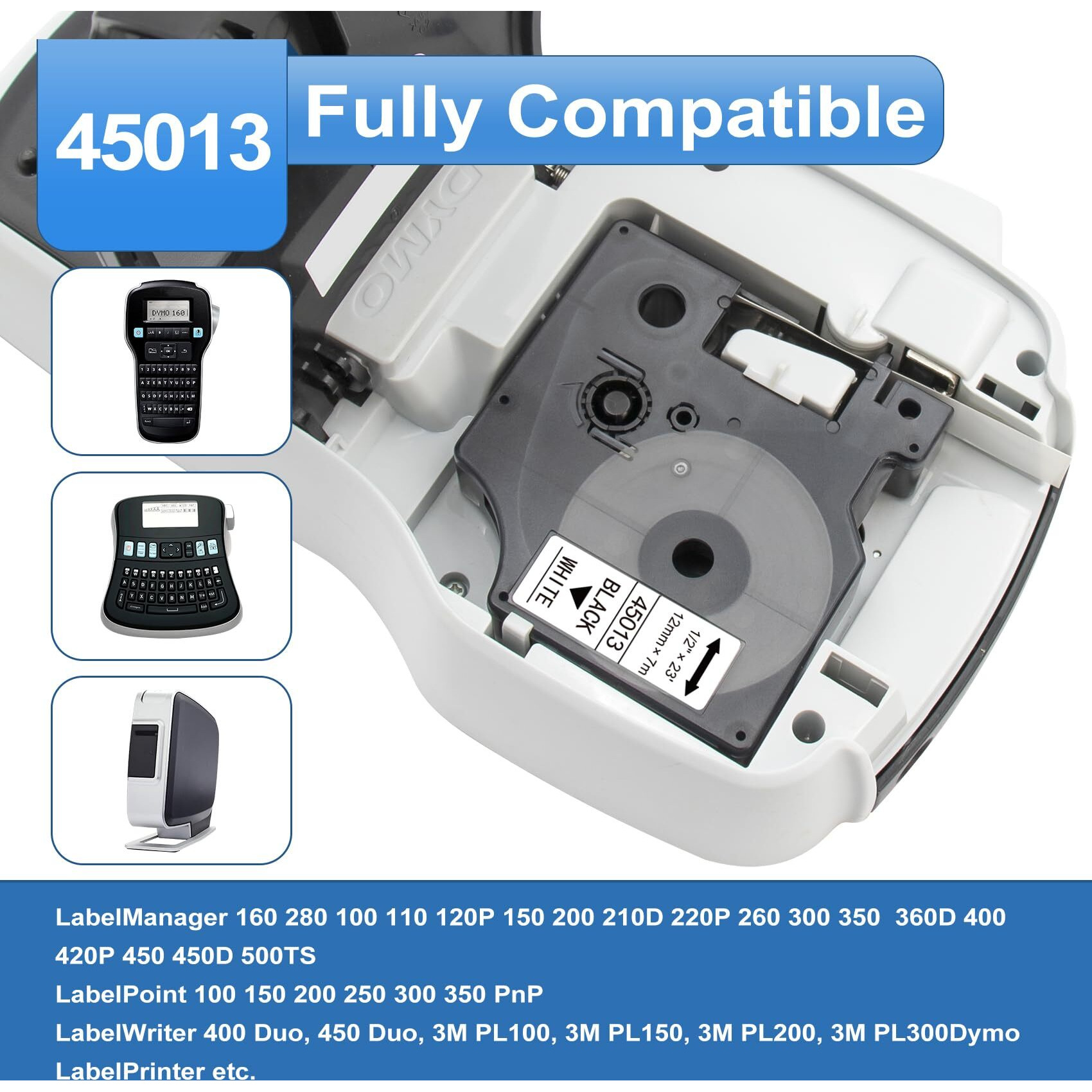 6 Pack Label Maker Tape Replacement For Dymo Label Maker Refills D1 A45013 45013 S0720530  Black On White  For Dymo Labelmanager 160 420P 210D 280 360D Pnp Label Maker Portable  1/2 Inch X 23Ft