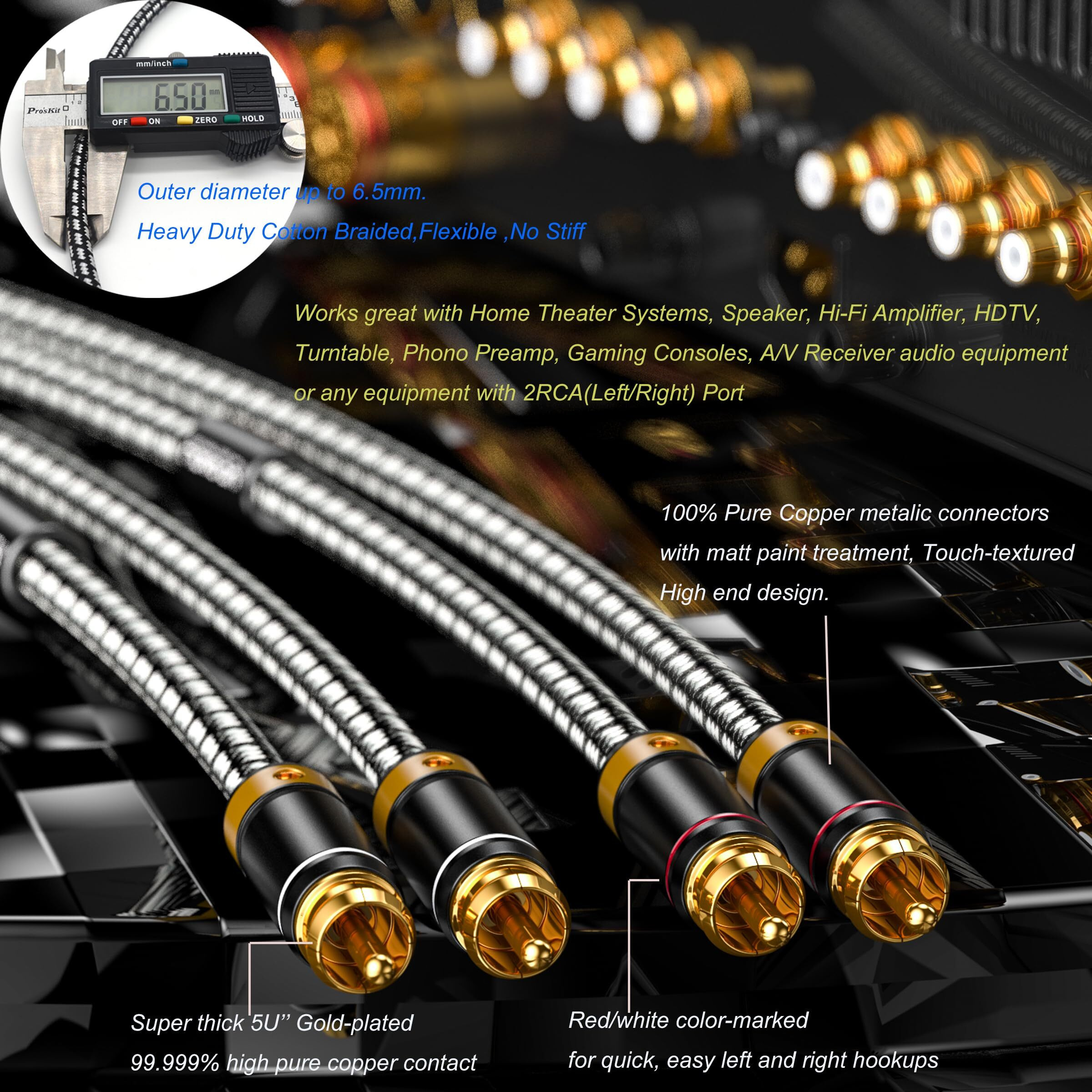 Wekuant Audiophile Rca Cable 4.9Ft(1.5M)  2 Rca Male To 2 Rca Male Hifi System Silvered-Plated Copper Core With Ferrite Cores  2 Pack