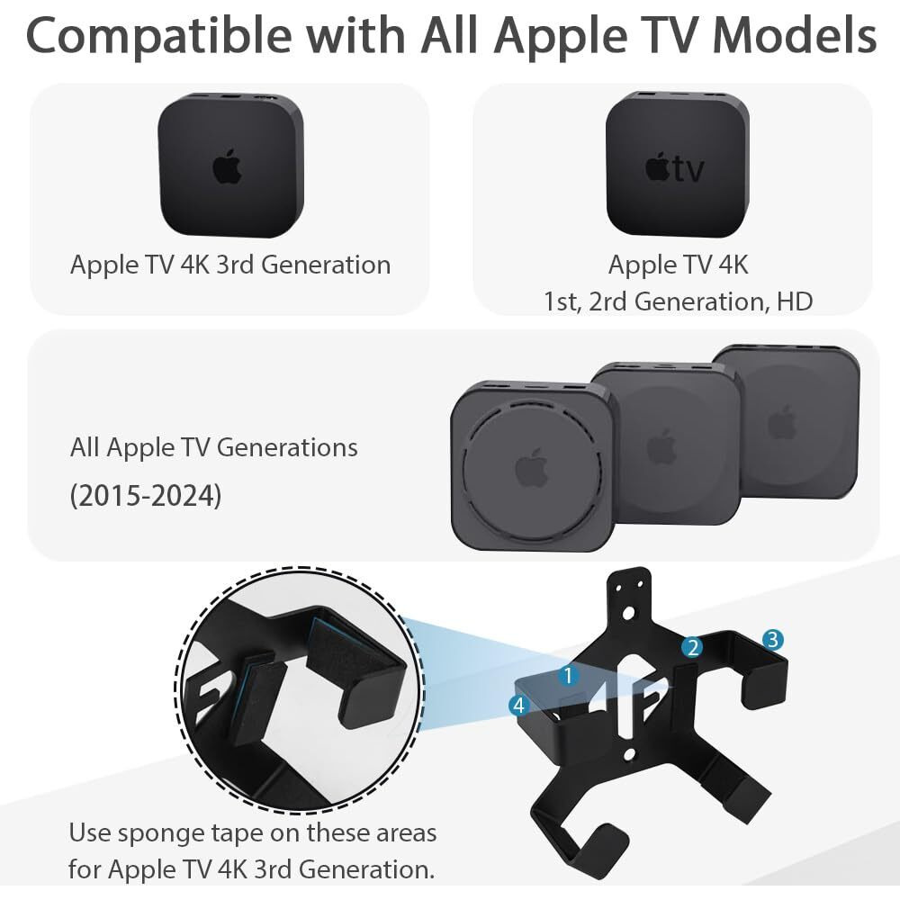 Ifcase Wall/Under Desk/Back Of Tv Mount Compatible With All Apple Tv Generations (Including All 4K Models) With Hdmi Cable 3.3Ft/1M
