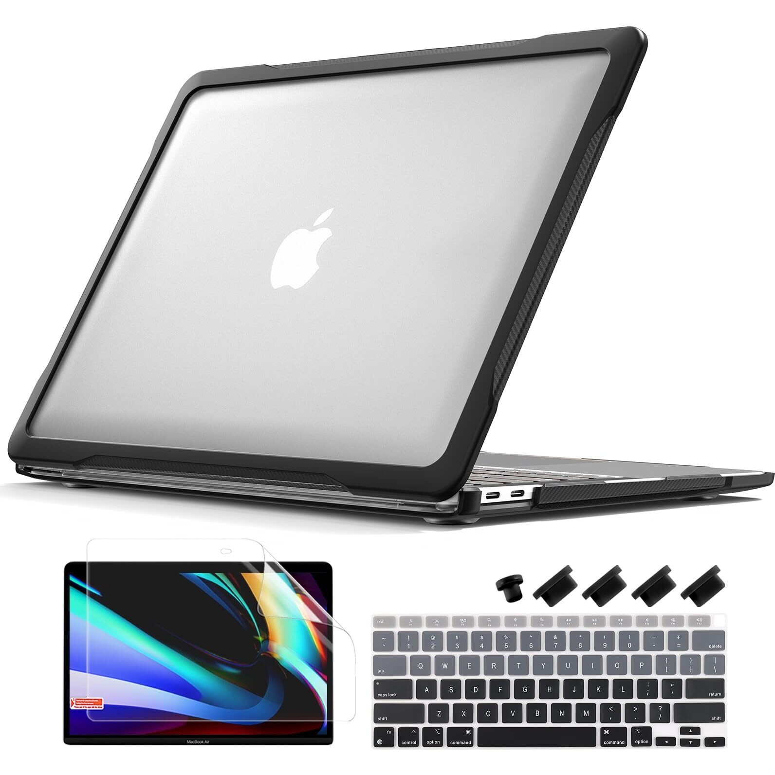 Batianda Ultimate Protection Case For Macbook Air 13 Inch 2021 2020 Release Model A2337 M1 Chip A2179 A1932 2019 Matte Carbon Fiber Edges Shockproof With Keyboard Cover Screen Protector Transparent