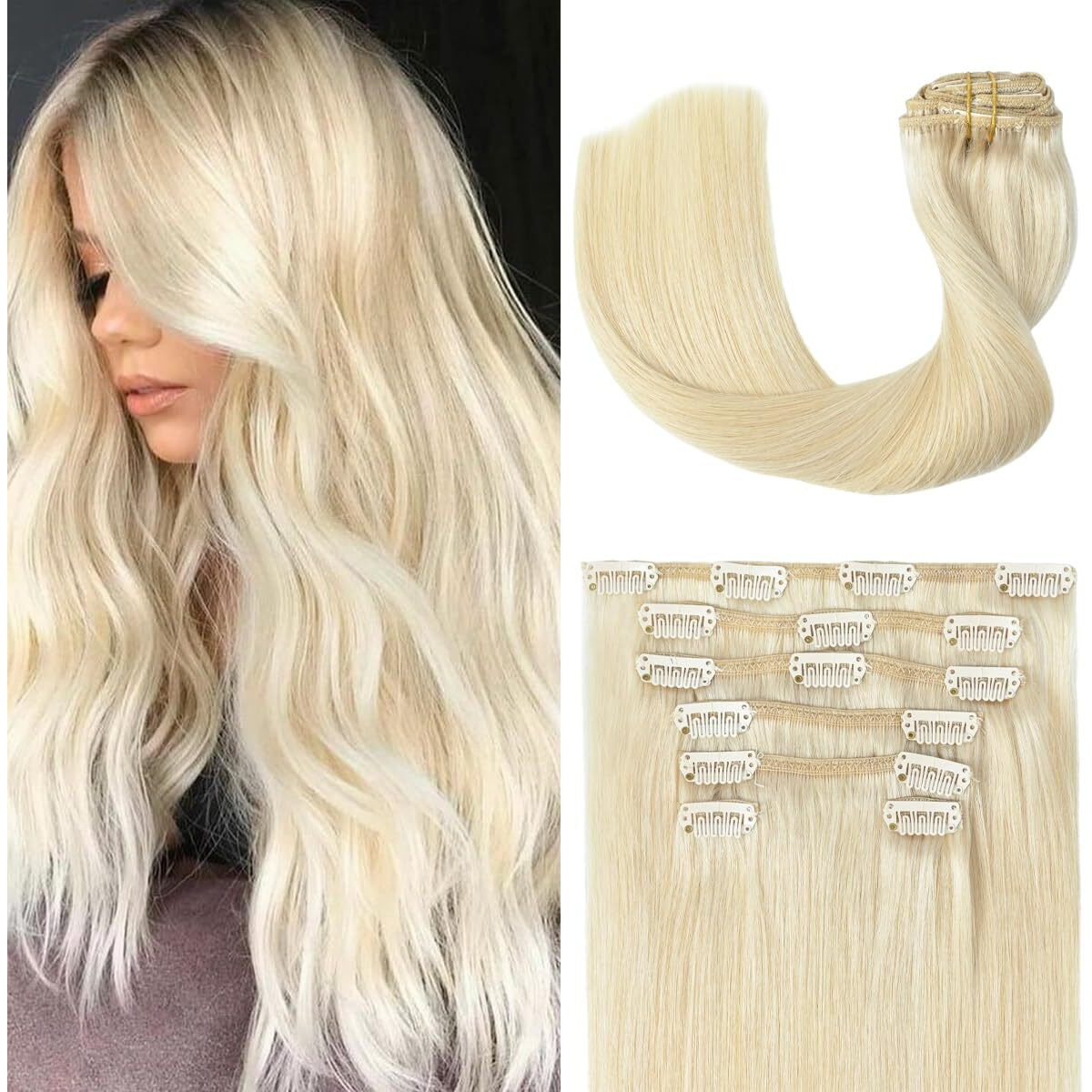 Ugotrays Clip In Hair Extensions Real Human Hair Blonde - 20 Inch 70G 7Pcs Platinum Blonde 100% Remy Human Hair Clip In Extensions Straight Real Human Hair 60 Platinum Blonde Clip In Hair Extensions