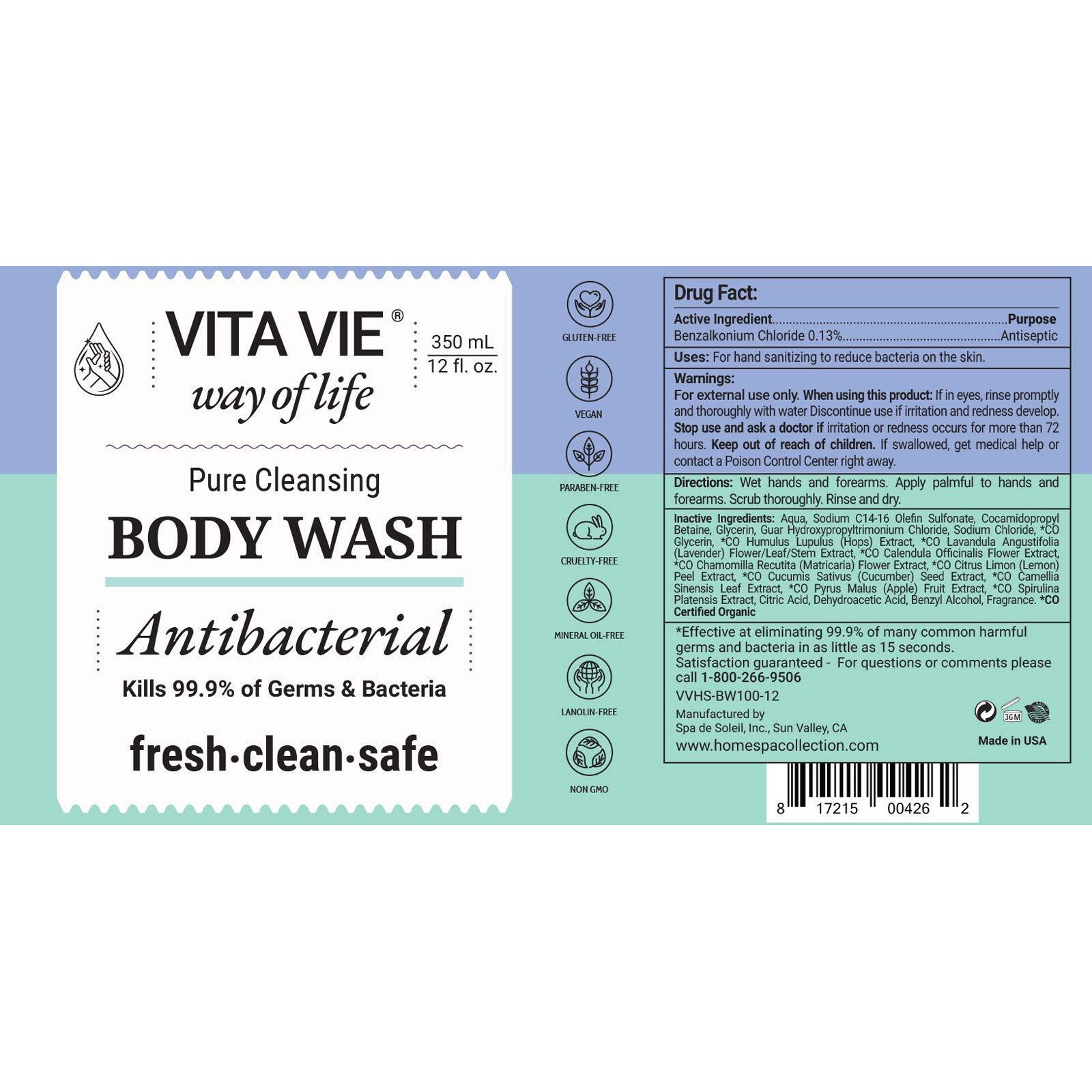 Vita Vie Antibacterial Body Wash  12 Oz