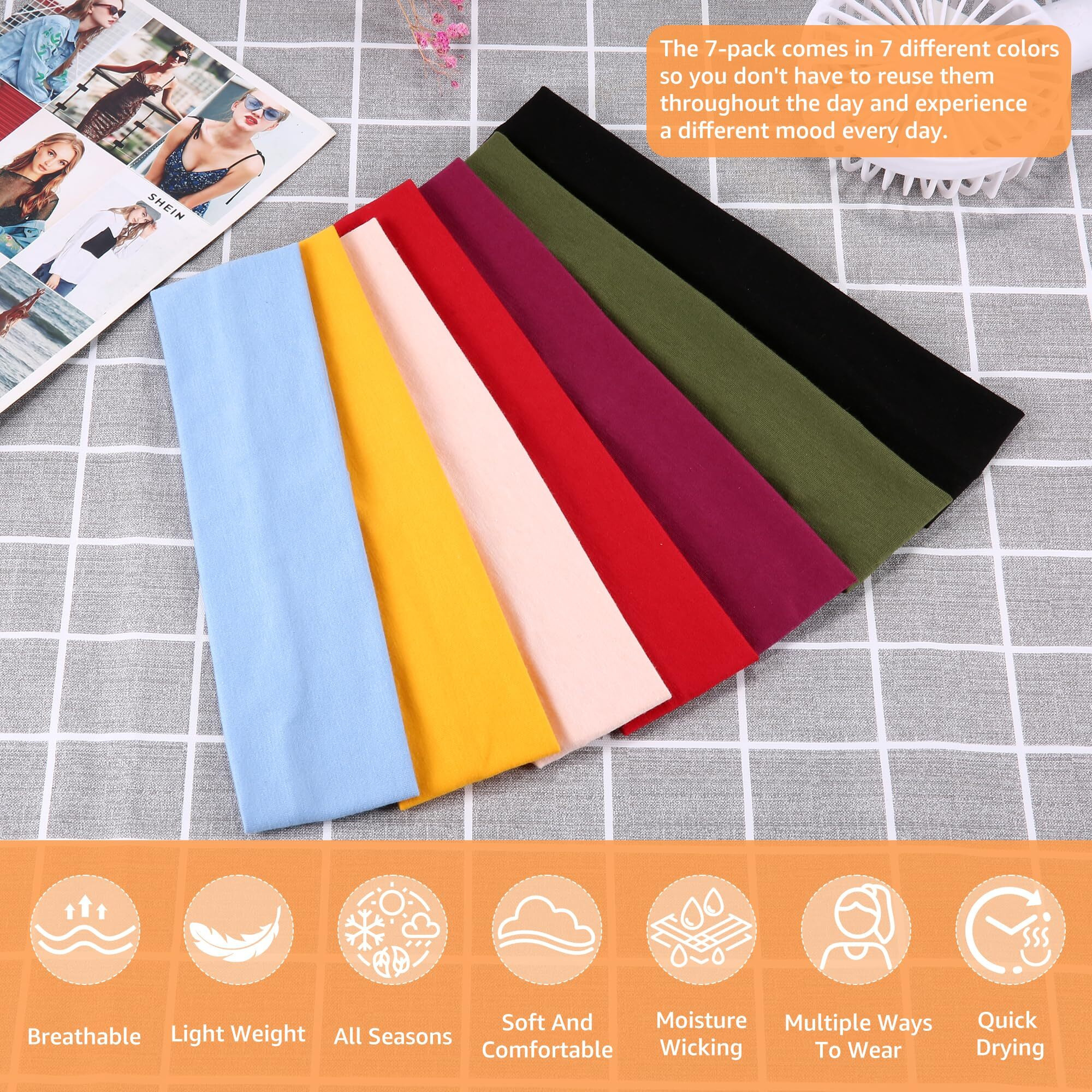 Headbands For Women Non Slip - 7Pcs Fashion Sports Hair Bands For Women's Hair  Soft Cotton Cloth Stretchy Headbands For Women For Workout Yoga Running