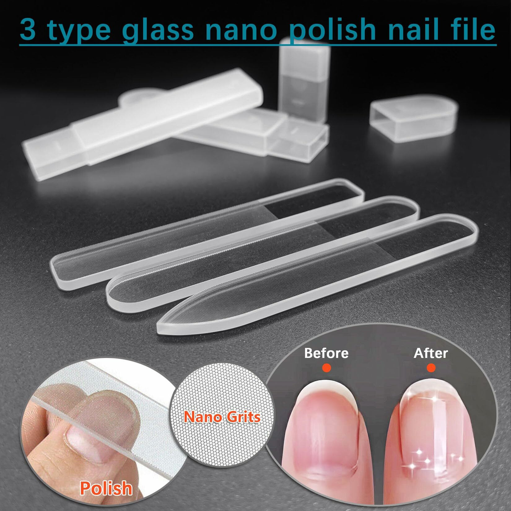 Vogarb 5Pcs Nail File Set Glass And Emery Boards Nail Files Comb For Natural Nails 3.6'' Pocket Size For Grooming Trimming And Polish Fingernail & Toenails(5Pcs Set)