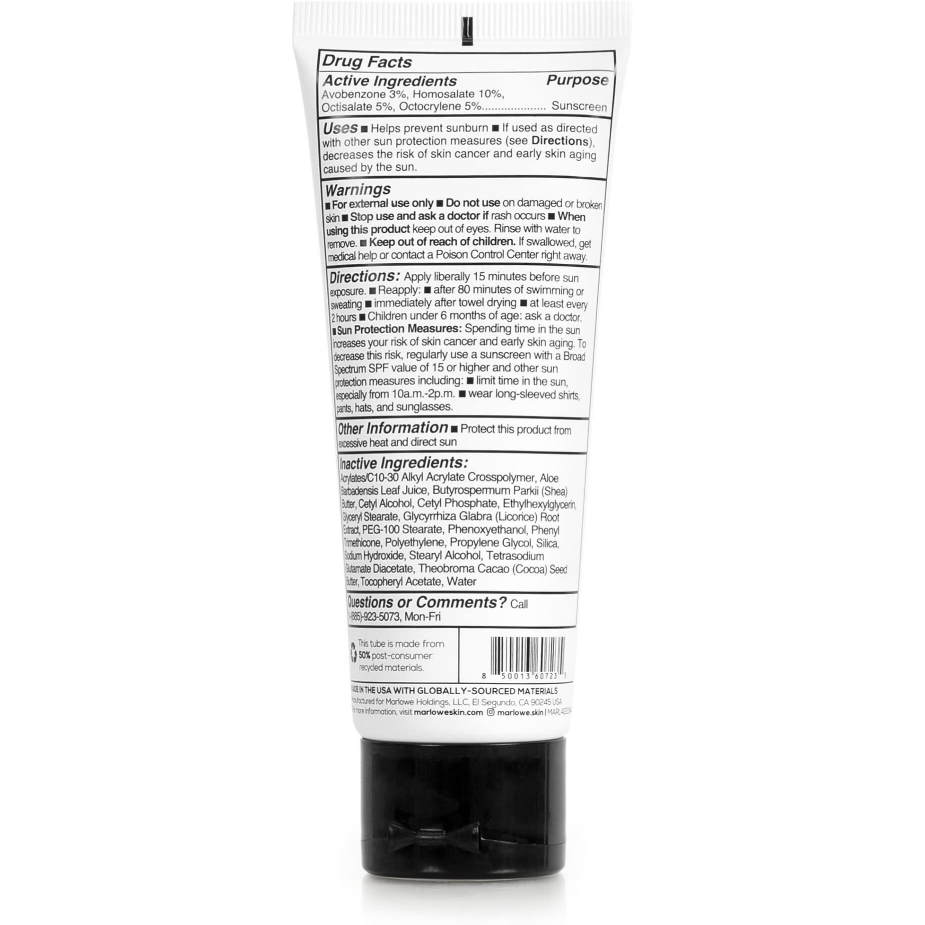 Marlowe. No. 128 Men's Facial Lotion With Sunscreen Spf 50  3.4 Oz  Oil-Free  Lightweight Daily Face Moisturizer For Men  Includes Natural Extracts To Hydrate  Nourish & Soothe