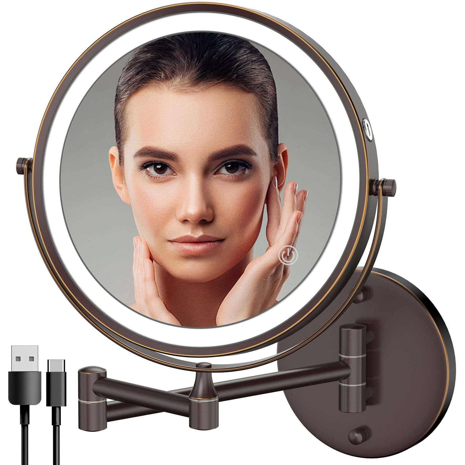 Rocollos Rechargeable Wall Mounted Lighted Makeup Mirror  8 Inch Double-Sided Led Vanity Mirror 1X/10X Magnification 3 Color Lights Touch Screen Dimmable 360Swivel 13 Inch Extendable