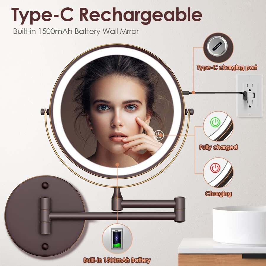 Rocollos Rechargeable Wall Mounted Lighted Makeup Mirror  8 Inch Double-Sided Led Vanity Mirror 1X/10X Magnification 3 Color Lights Touch Screen Dimmable 360Swivel 13 Inch Extendable