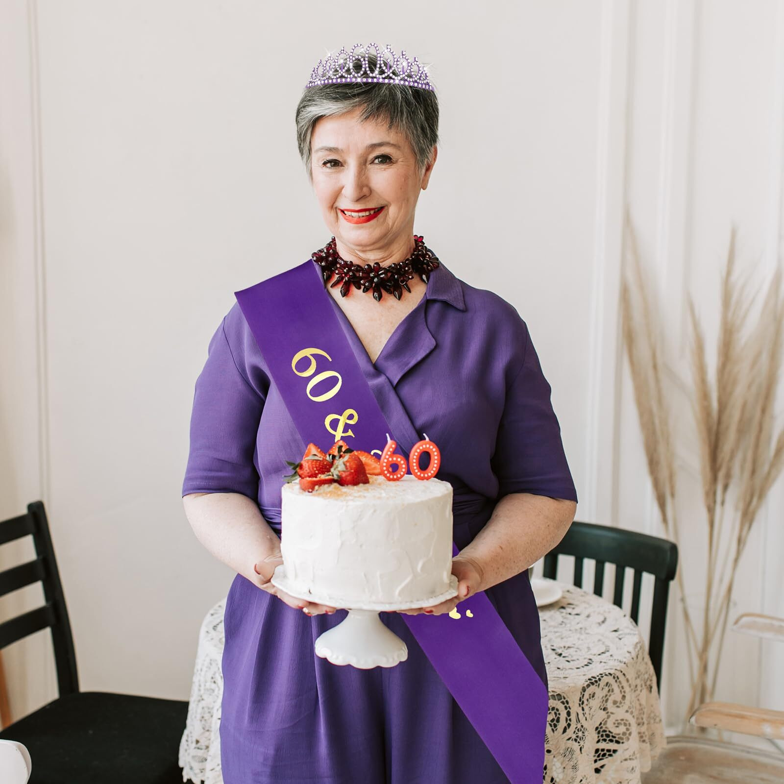 Cieher 60Th Birthday Gifts For Women  Purple 60Th Birthday Crown + 60 & Fabulous Birthday Sash  Purple 60Th Birthday Decorations Women 60Th Birthday Sash For Women