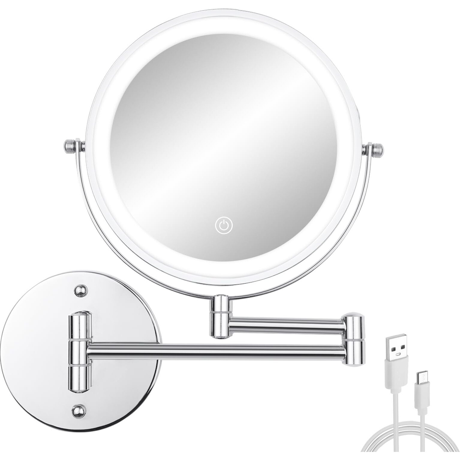 Ffowcye Wall Mounted Makeup Vanity Mirror With Lights  8  Double Sided 1X/10X Wall Mount Magnifying Bathroom Shaving Mirror With 3 Color Lights  Rechargeable Touch Dimmable Extendable Cosmetic Mirror