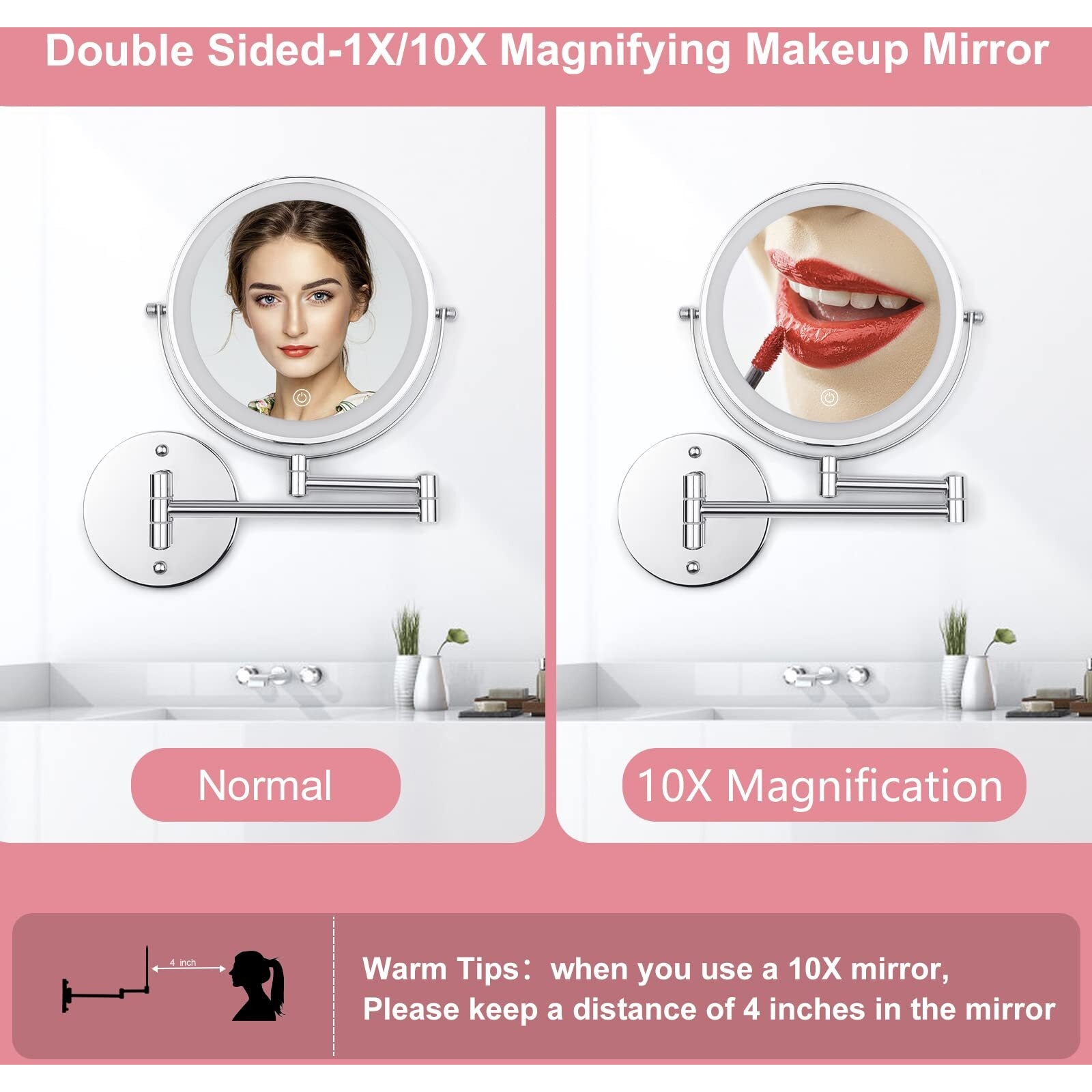 Ffowcye Wall Mounted Makeup Vanity Mirror With Lights  8  Double Sided 1X/10X Wall Mount Magnifying Bathroom Shaving Mirror With 3 Color Lights  Rechargeable Touch Dimmable Extendable Cosmetic Mirror