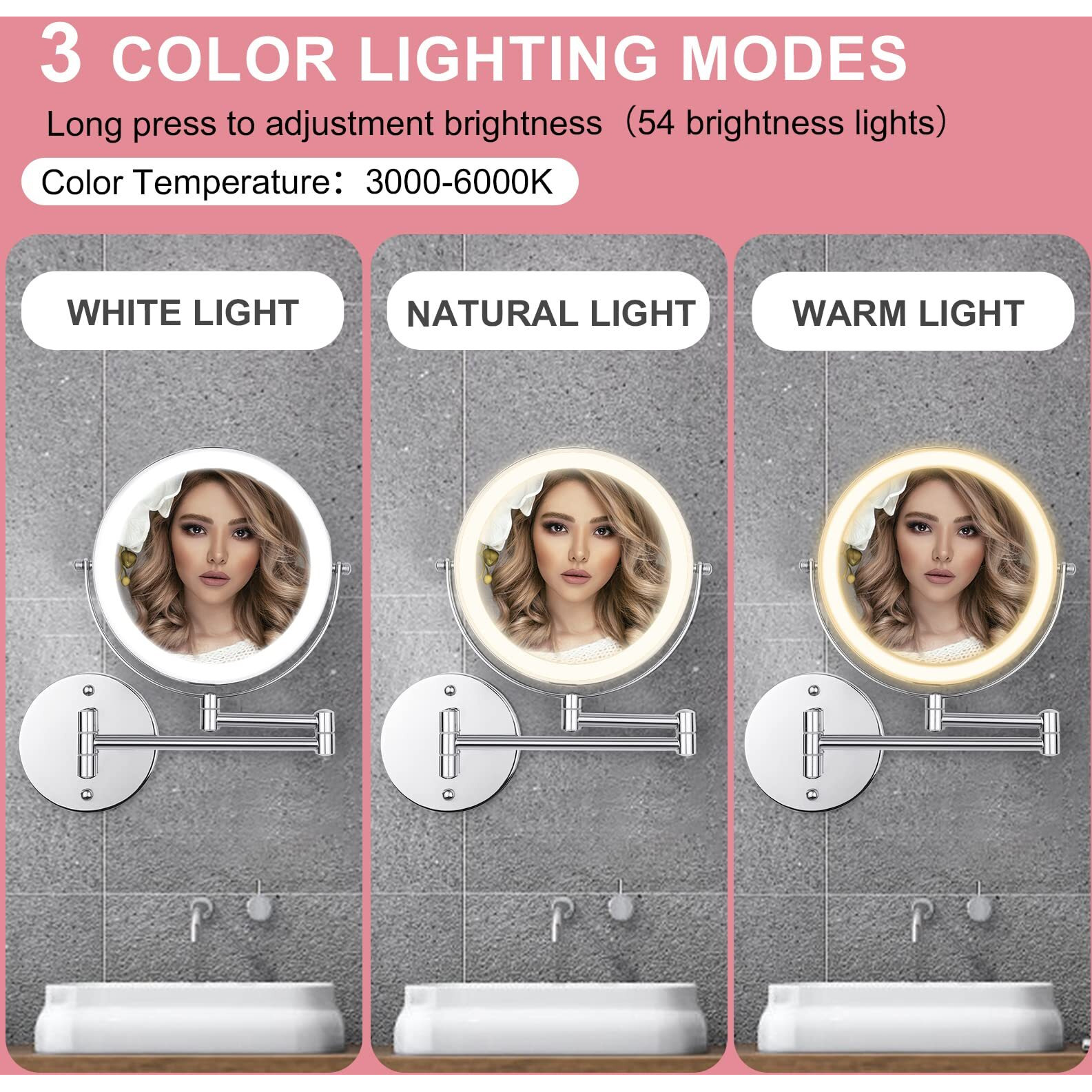 Ffowcye Wall Mounted Makeup Vanity Mirror With Lights  8  Double Sided 1X/10X Wall Mount Magnifying Bathroom Shaving Mirror With 3 Color Lights  Rechargeable Touch Dimmable Extendable Cosmetic Mirror