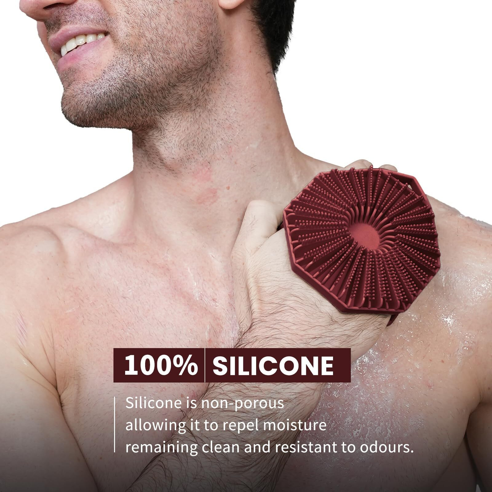 Itokgok Premium Silver-Infused Double-Sided Design 2-In-1 Silicone Body Brush Scrubber Body Buffer Scrubber For Sensitive Skin  Ergonomic No-Slip Handle  Long-Lasting & Easy To Clean - Burgundy