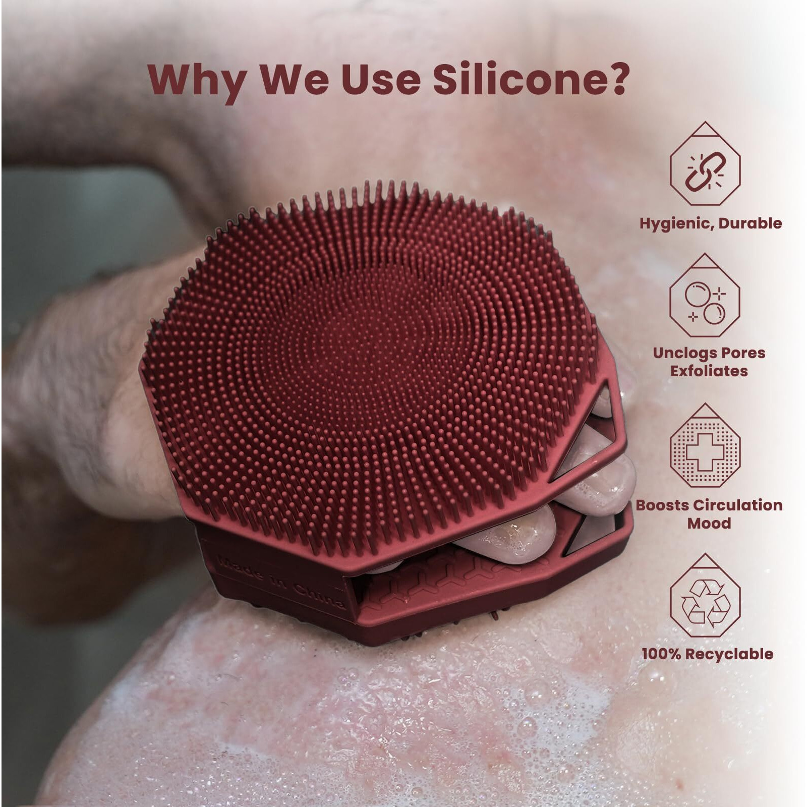 Itokgok Premium Silver-Infused Double-Sided Design 2-In-1 Silicone Body Brush Scrubber Body Buffer Scrubber For Sensitive Skin  Ergonomic No-Slip Handle  Long-Lasting & Easy To Clean - Burgundy