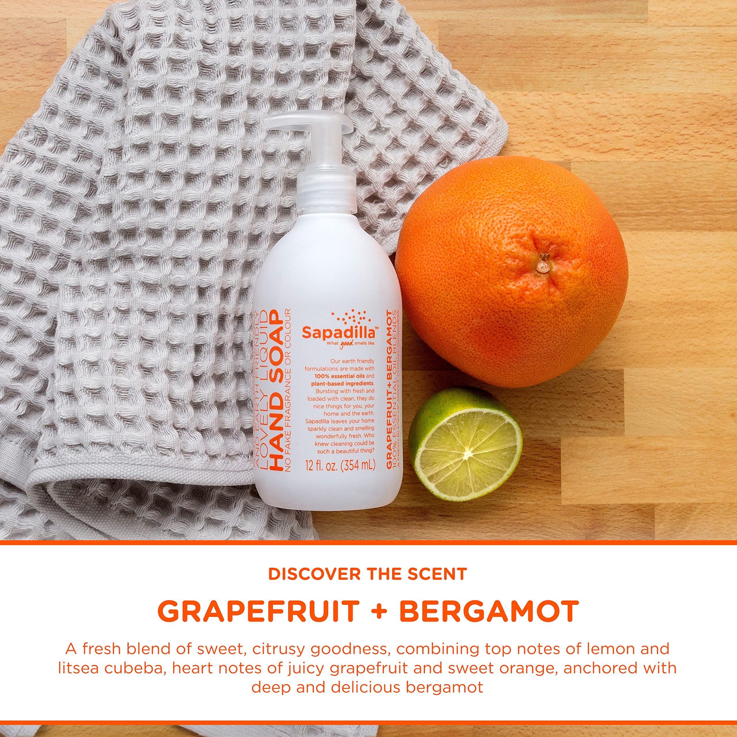 Sapadilla Liquid Hand Soap - Grapefruit + Bergamot - Made With 100% Pure Essential Oil Blends  Cleansing & Moisturizing  Aromatic & Fragrant Hand Soap  Plant Based  Biodegradable  12 Ounce (Pack Of 3)