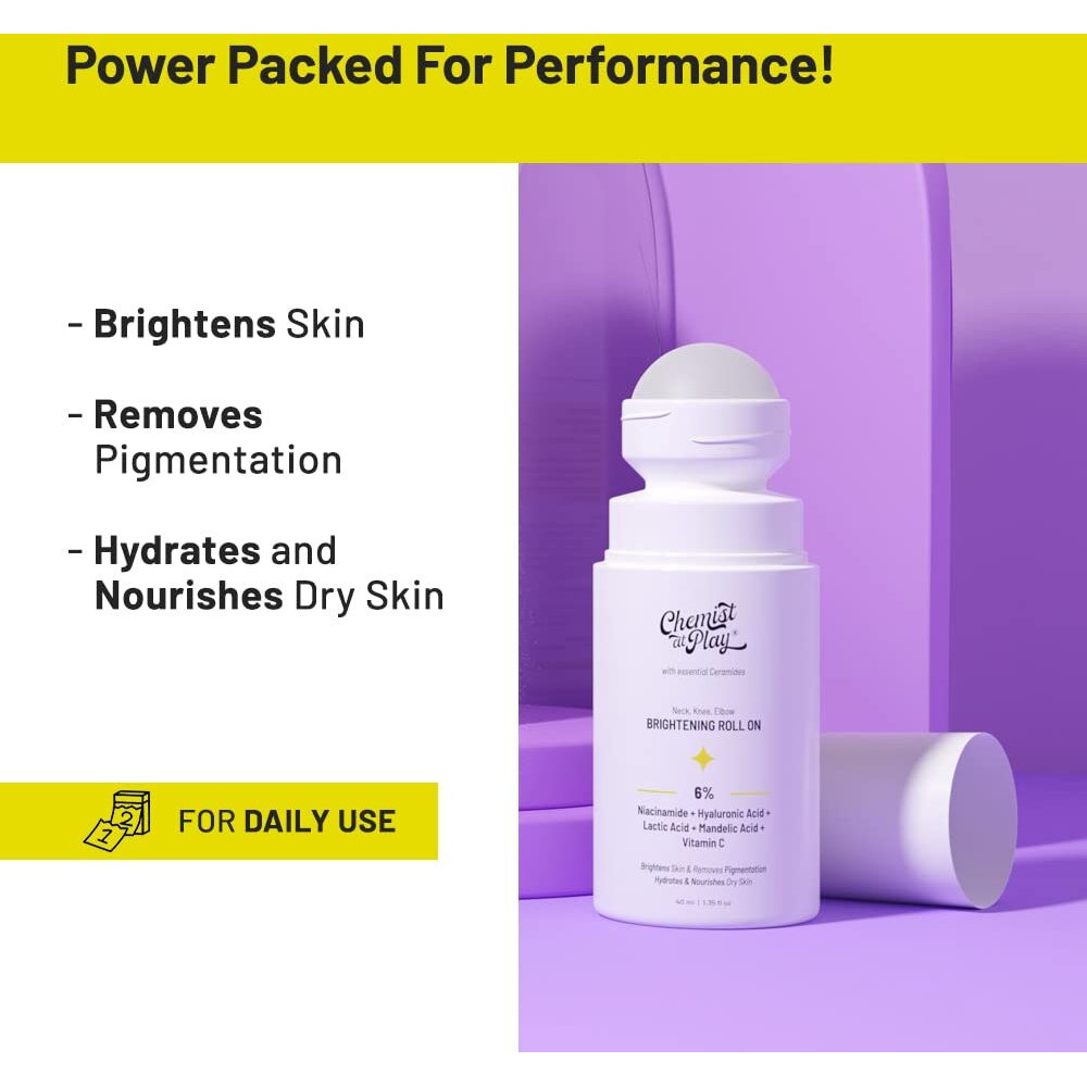 Chemist At Play Roll On Serum For Neck  Knee & Elbow With 6% Vitamin C+ Hyaluronic Acid + Ahas + Niacinamide + Ceramides | Exfoliates  Removes Pigmentation  And Hydrates Dry Skin | 1.4 Fl Oz.