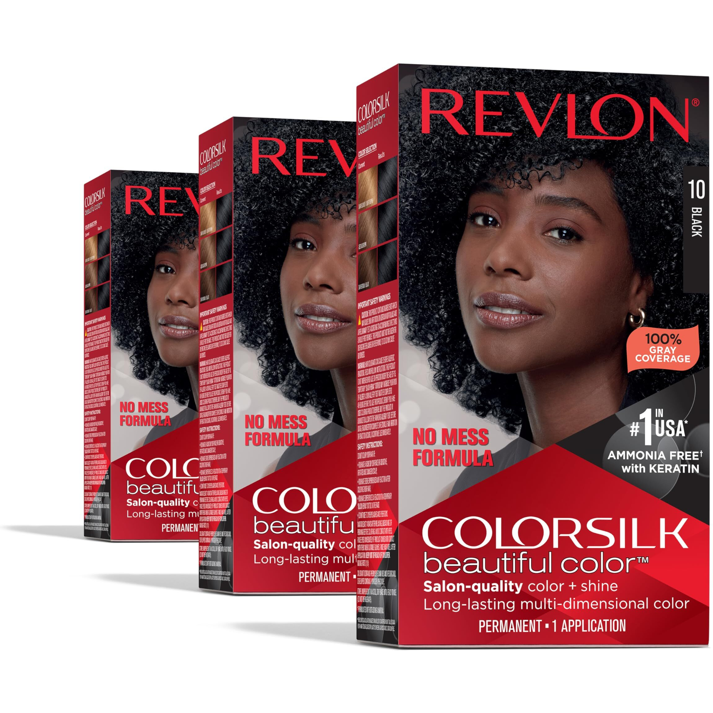 Revlon Colorsilk Beautiful Color Permanent Hair Color  Long-Lasting High-Definition Color  Shine & Silky Softness With 100% Gray Coverage  Ammonia Free  10 Black  3 Pack