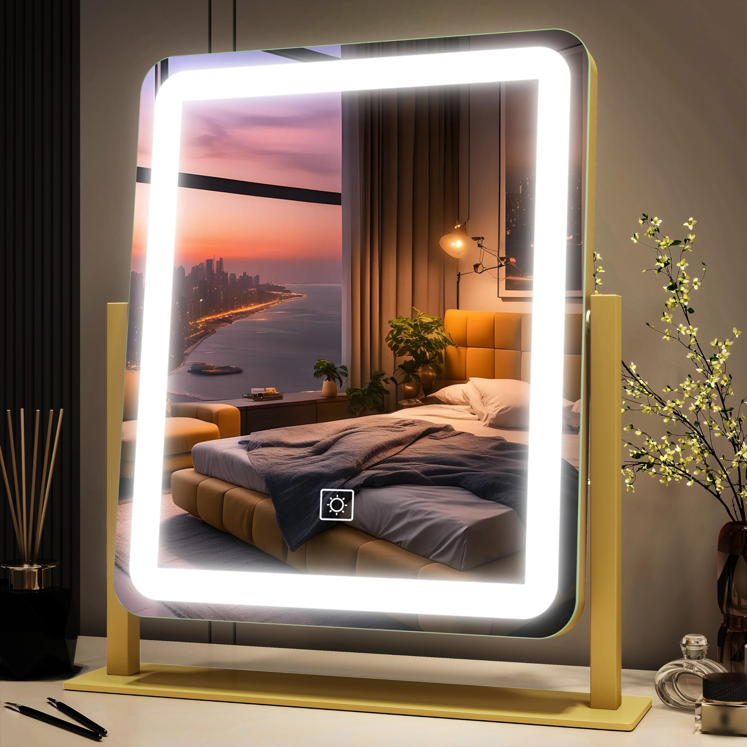 Fennio Vanity Mirror With Lights - 15 "&quotX12.6 "" Led Lighted Makeup Mirror  Large Makeup Mirror With Lights  Touch Screen With 3-Color Lighting  Dimmable  For Vanity Desk Tabletop  Bedroom Gold