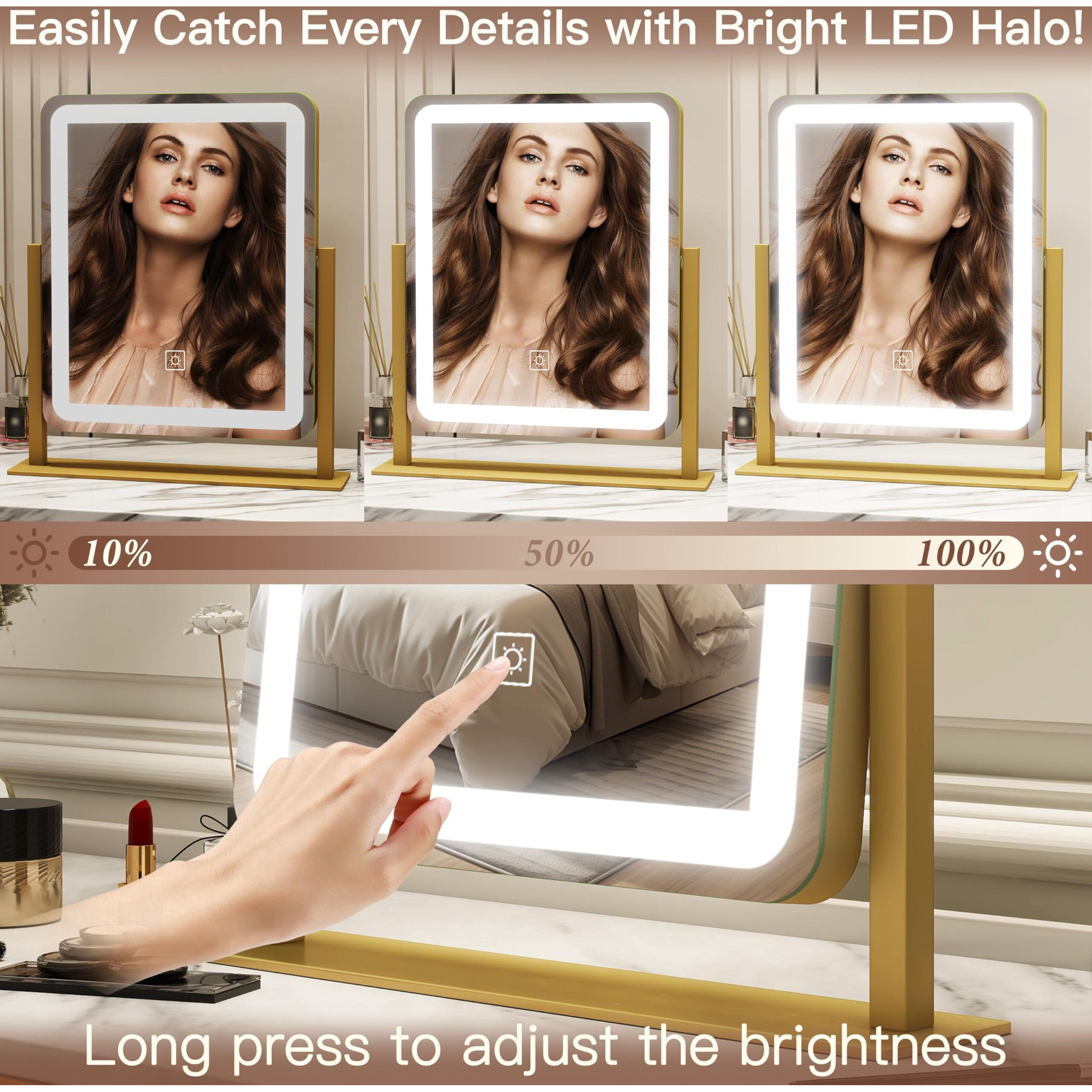 Fennio Vanity Mirror With Lights - 15 "&quotX12.6 "" Led Lighted Makeup Mirror  Large Makeup Mirror With Lights  Touch Screen With 3-Color Lighting  Dimmable  For Vanity Desk Tabletop  Bedroom Gold