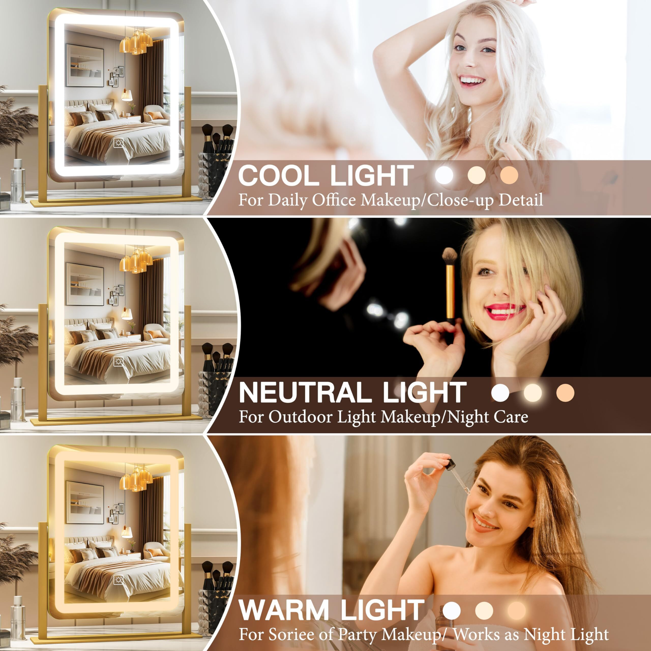 Fennio Vanity Mirror With Lights - 15 "&quotX12.6 "" Led Lighted Makeup Mirror  Large Makeup Mirror With Lights  Touch Screen With 3-Color Lighting  Dimmable  For Vanity Desk Tabletop  Bedroom Gold