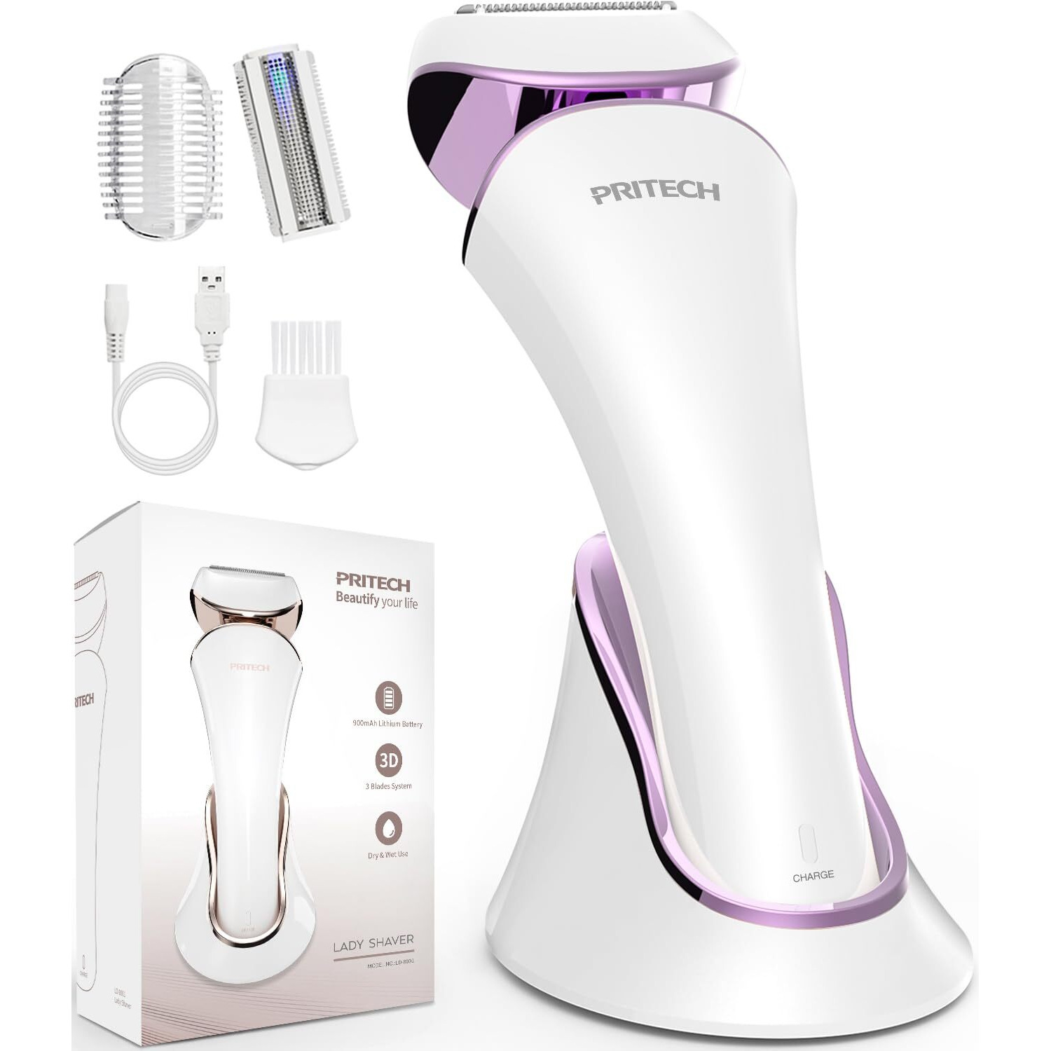 Pritech Electric Shaver For Women - Cordless Ladies Shaver  Lady Razor For Legs  Arm  Underarms  Bikini  Usb Rechargeable Razor Wet & Dry Waterproof Razor For Woman