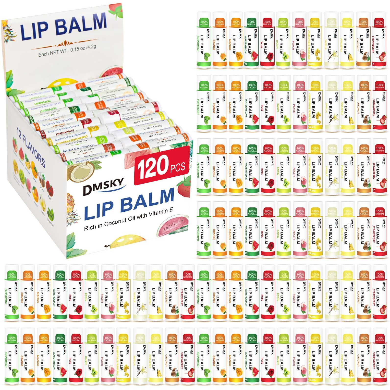 Dmsky 120 Pack Lip Balm  Lip Balm Bulk With Vitamin E And Coconut Oil  Moisturizing Lip Balm For Dry Lips  Stocking Stuffers For Women Girls-12 Flavors
