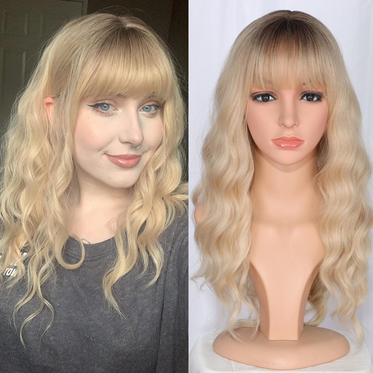Symeiw Medium Long Blonde Wavy Wigs For Women Synthetic Full Hair Wigs With Bangs For Daily Use (Blonde)