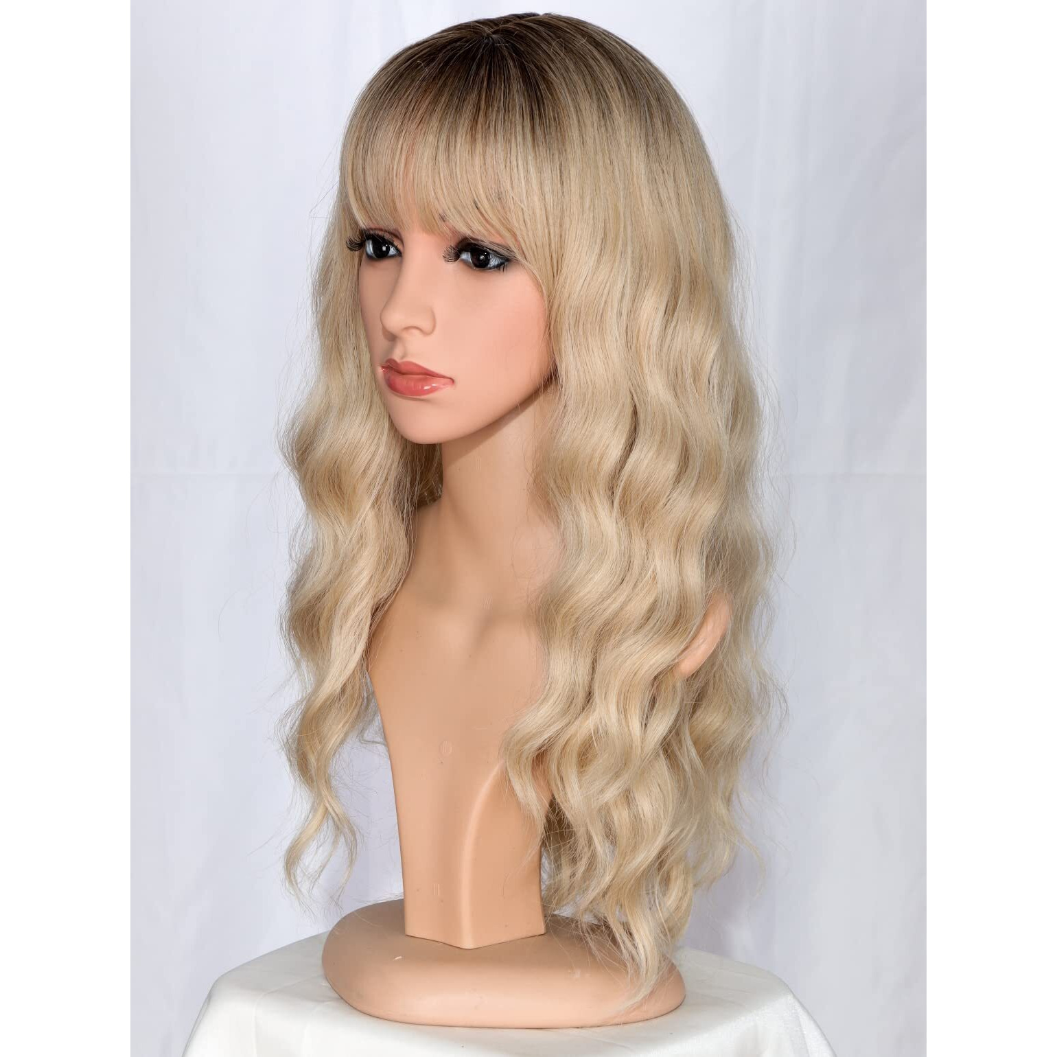 Symeiw Medium Long Blonde Wavy Wigs For Women Synthetic Full Hair Wigs With Bangs For Daily Use (Blonde)
