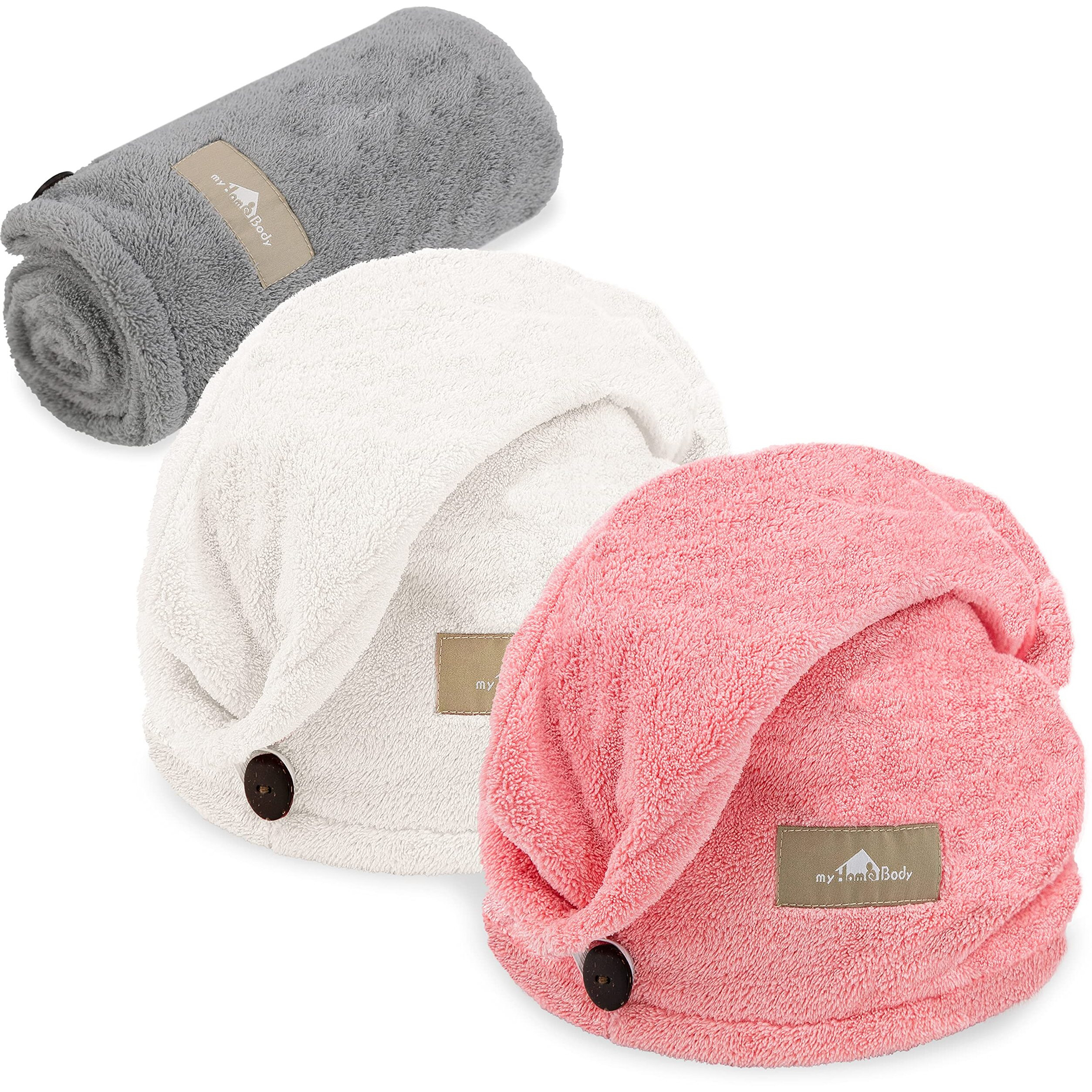 Myhomebody Hair Towel Wrap  Luxury Rapid-Dry Hair-Drying Turban  Ultra Soft And Quick Drying Absorbent Fiber  With Coconut Shell Button - Light Gray  Pink  White  3 Pack