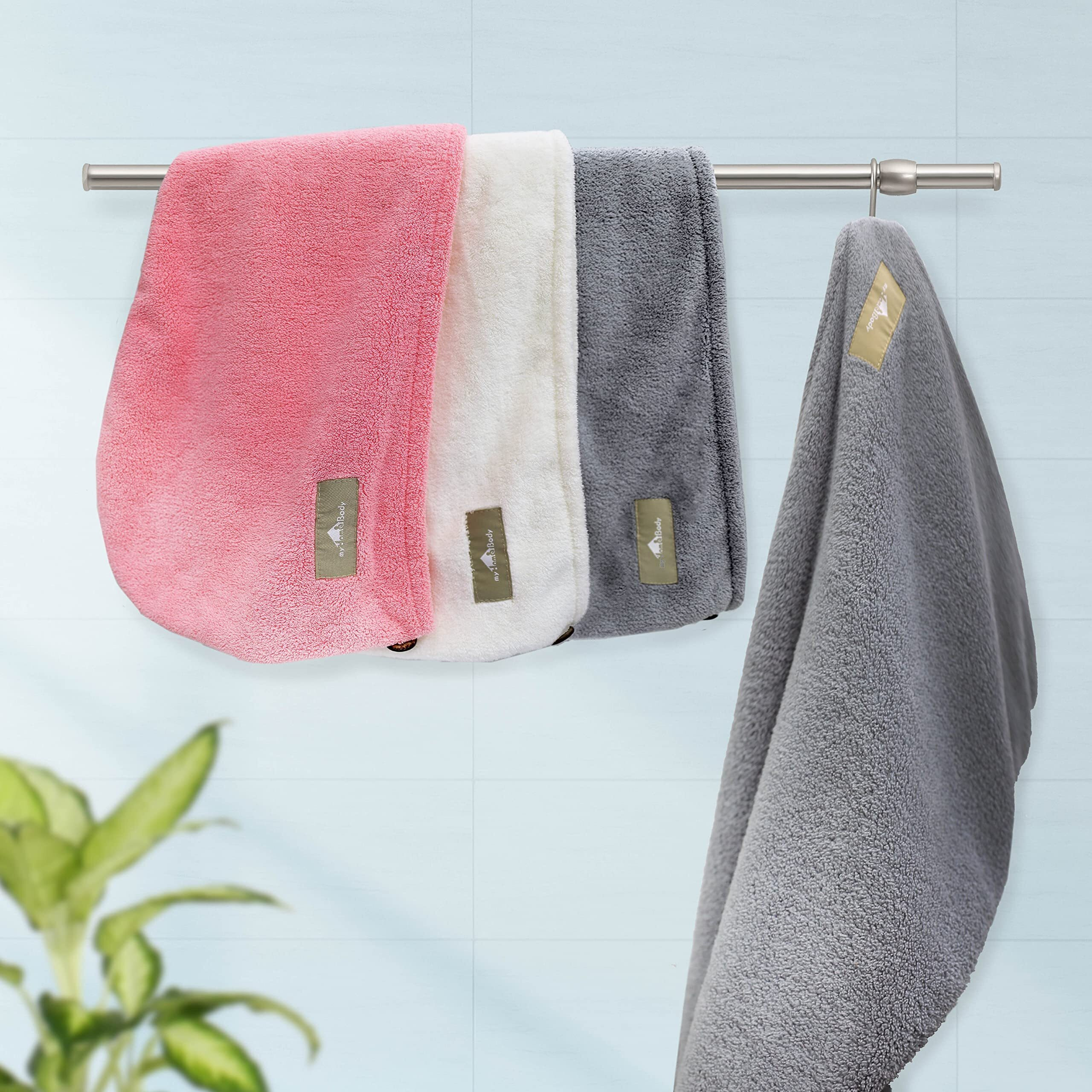 Myhomebody Hair Towel Wrap  Luxury Rapid-Dry Hair-Drying Turban  Ultra Soft And Quick Drying Absorbent Fiber  With Coconut Shell Button - Light Gray  Pink  White  3 Pack