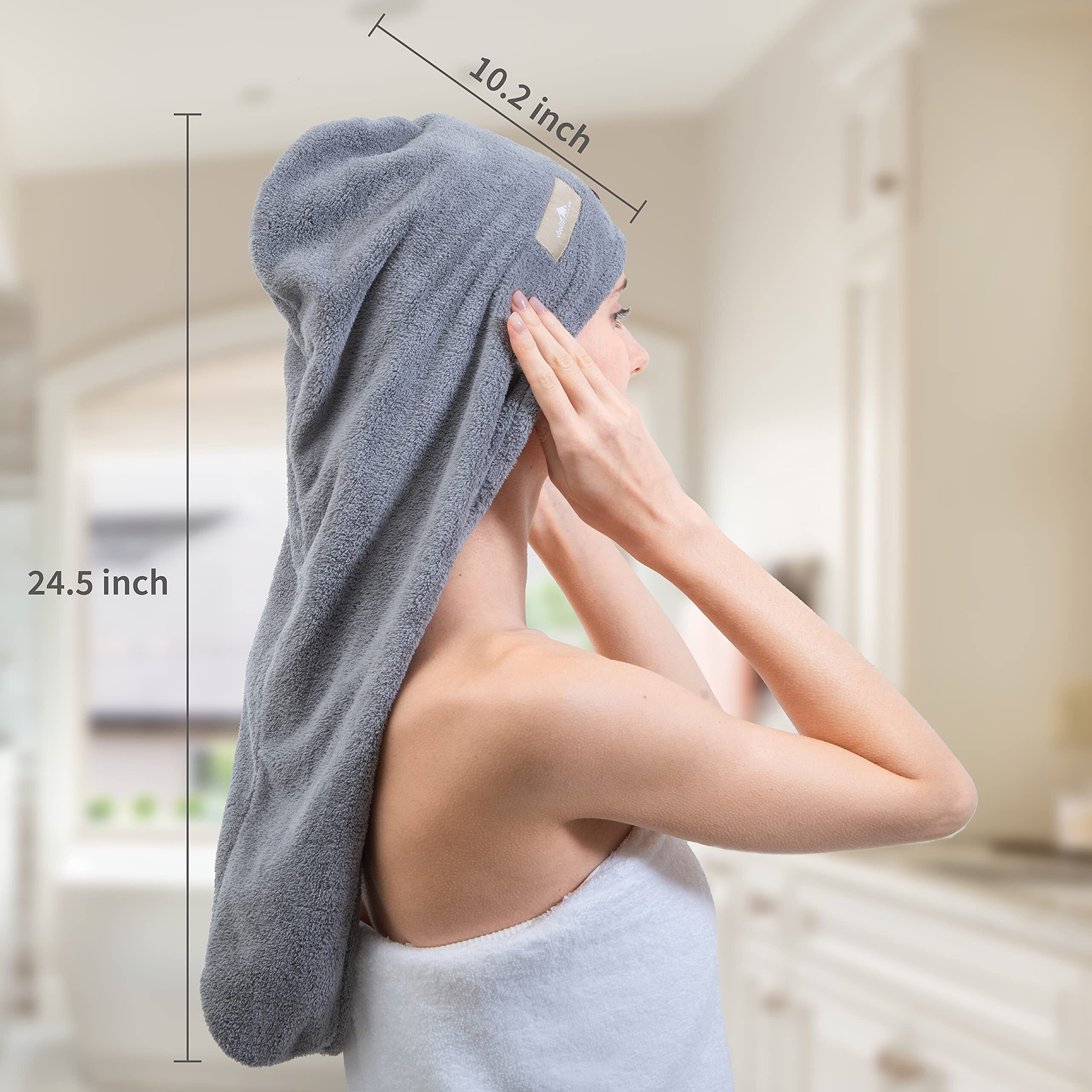 Myhomebody Hair Towel Wrap  Luxury Rapid-Dry Hair-Drying Turban  Ultra Soft And Quick Drying Absorbent Fiber  With Coconut Shell Button - Light Gray  Pink  White  3 Pack