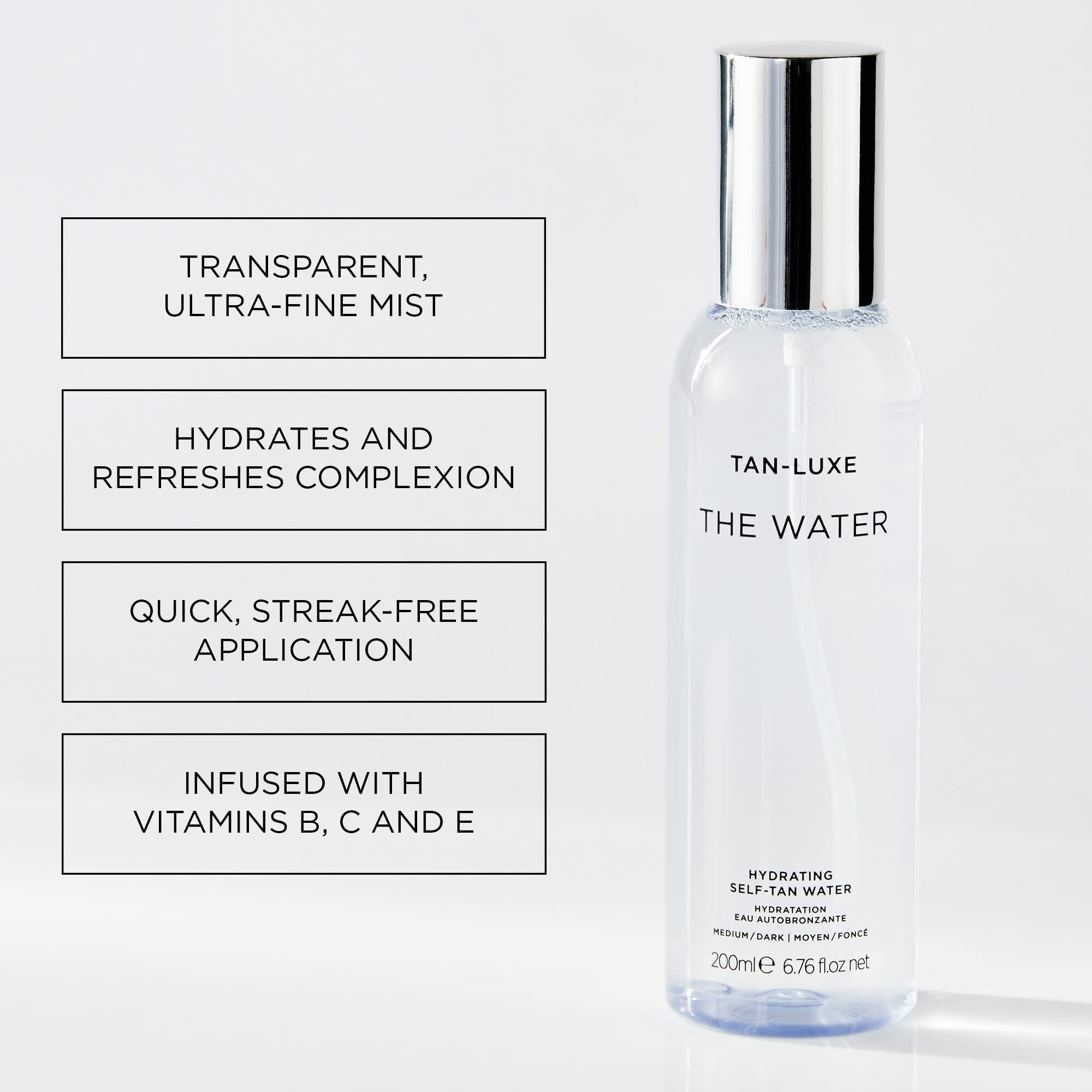 Tan-Luxe The Water - Medium/Dark - The Water Hydrating Self Tanner Mist - Vitamin Infused  Hydrating Tanning Water Mist - Cruelty & Toxin Free Spray Tanner