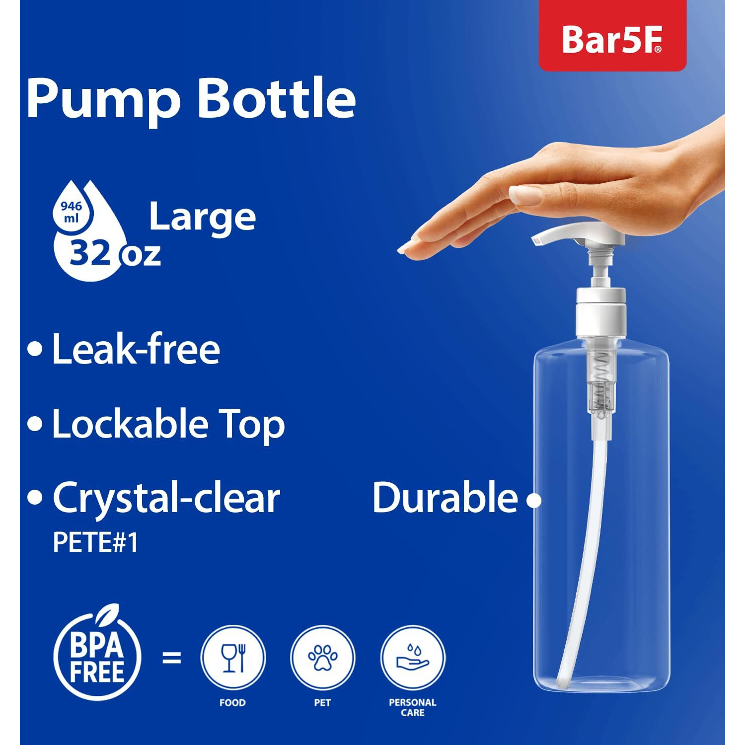 Bar5F Pump Bottle 32-Ounce 1-Liter Empty For Shampoo Conditioner Body Wash Lotion Bpa-Free Crystal-Clear